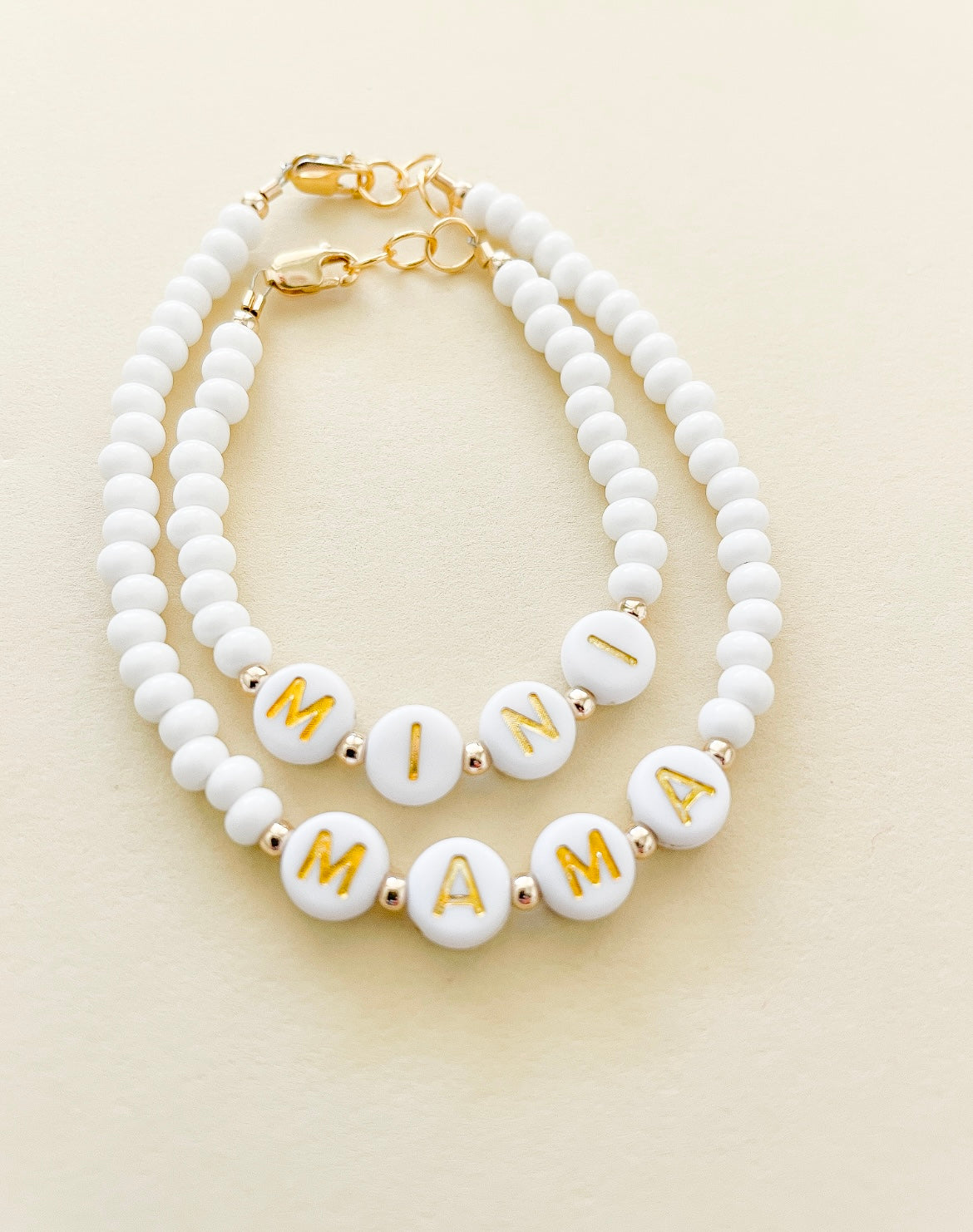 Mama And Mini White Name Bracelet Set – Custom, Gold-filled & Hypoallergenic