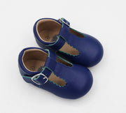 T-strap Navy Blue Scalloped Leather