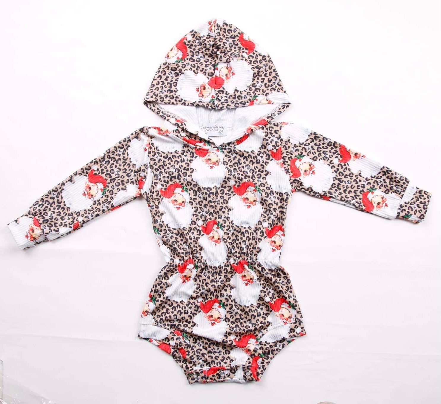 Leopard Santa Ribbed Hooded Romper