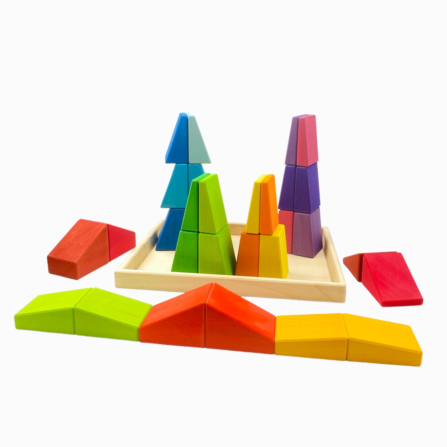 30 Pcs Stained Wooden Sloping Blocks In Primary Rainbow Colors With Storage Tray