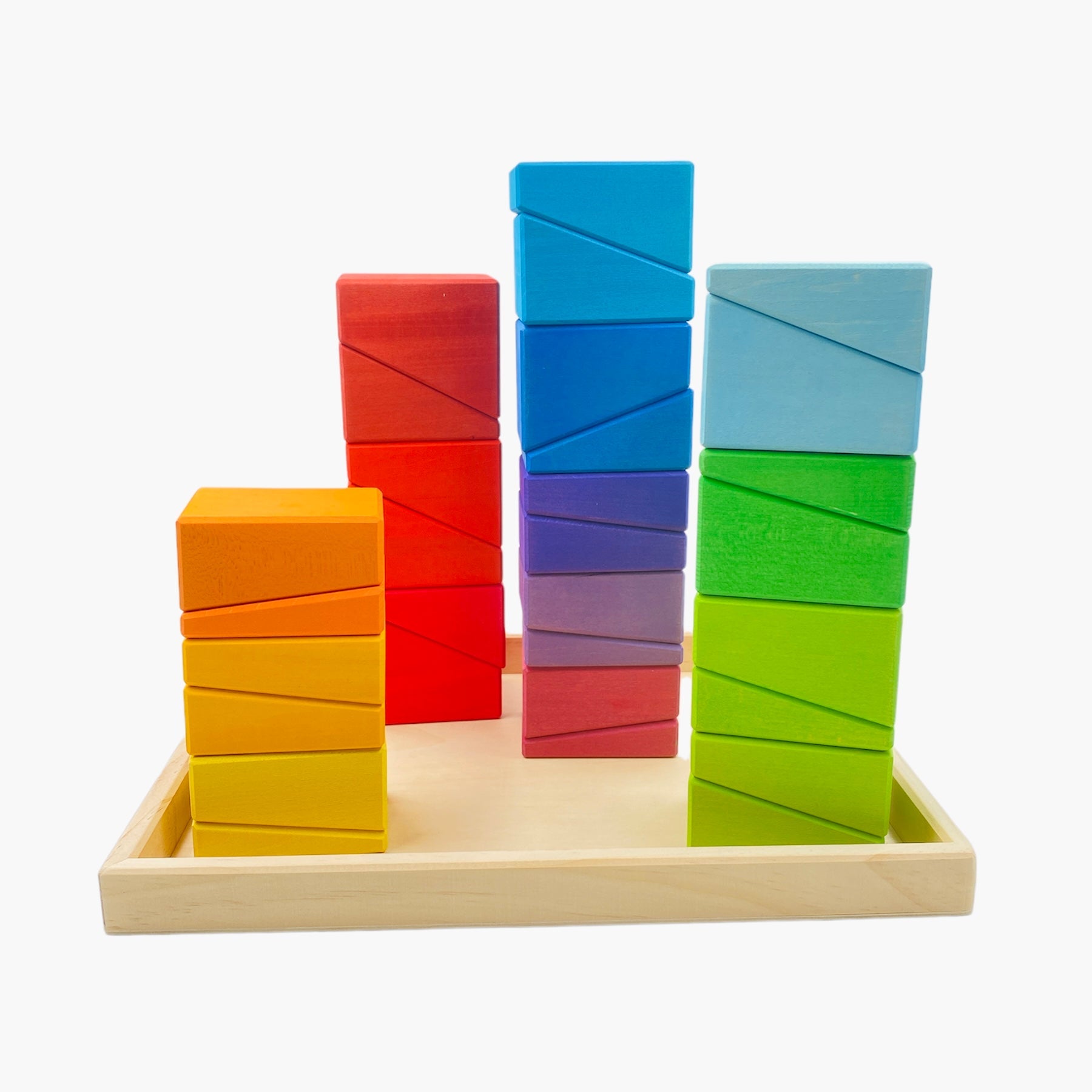 30 Pcs Stained Wooden Sloping Blocks In Primary Rainbow Colors With Storage Tray