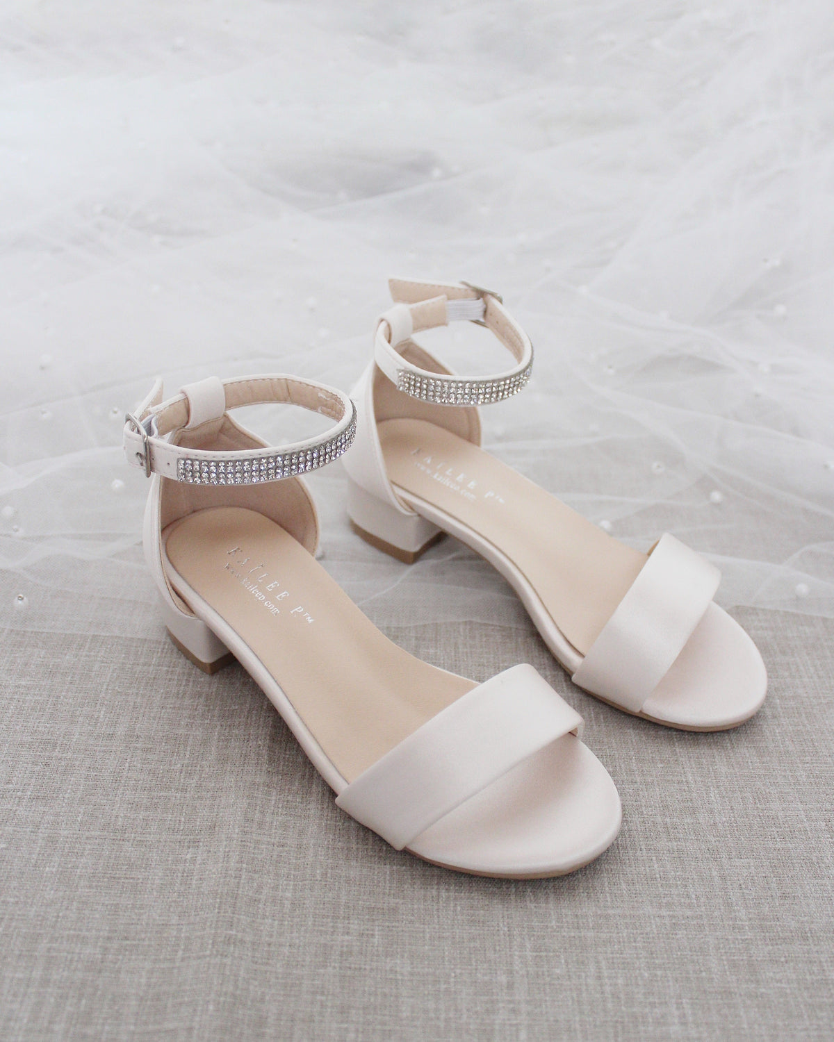 Satin Girls Block Heel Sandals With Mini Rhinestones Embellished Ankle Strap