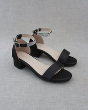 Satin Girls Block Heel Sandals With Mini Rhinestones Embellished Ankle Strap