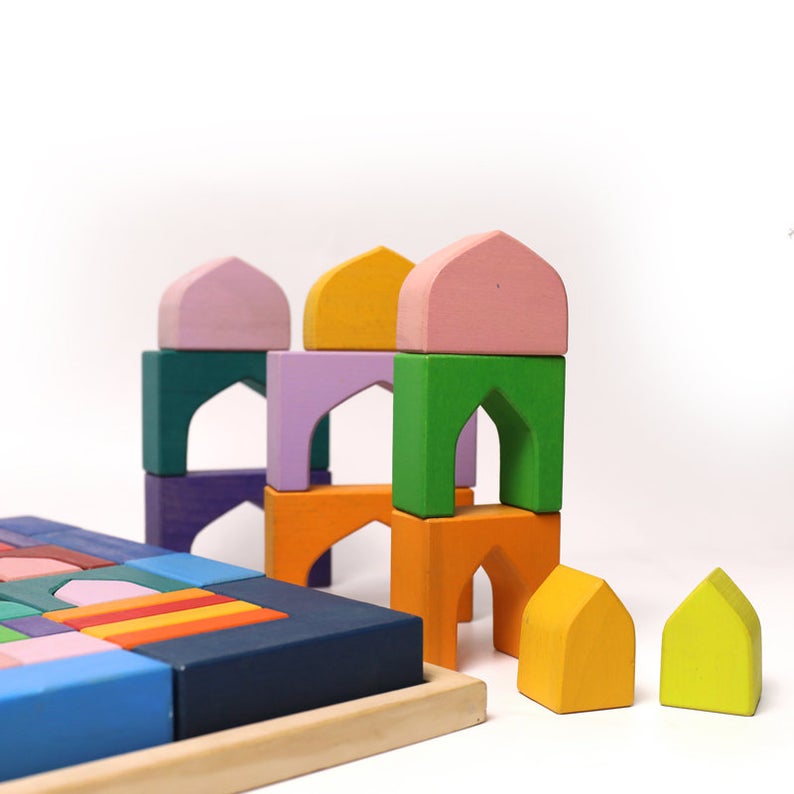 54 Pcs Stained Arabian 1001 Nights Inspired Wooden Building Blocks Set With Tray