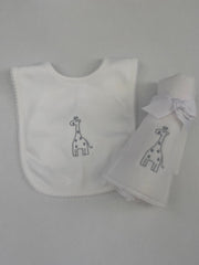 Gray Giraffe Pima Bib And Diaper Burp Cloth Set