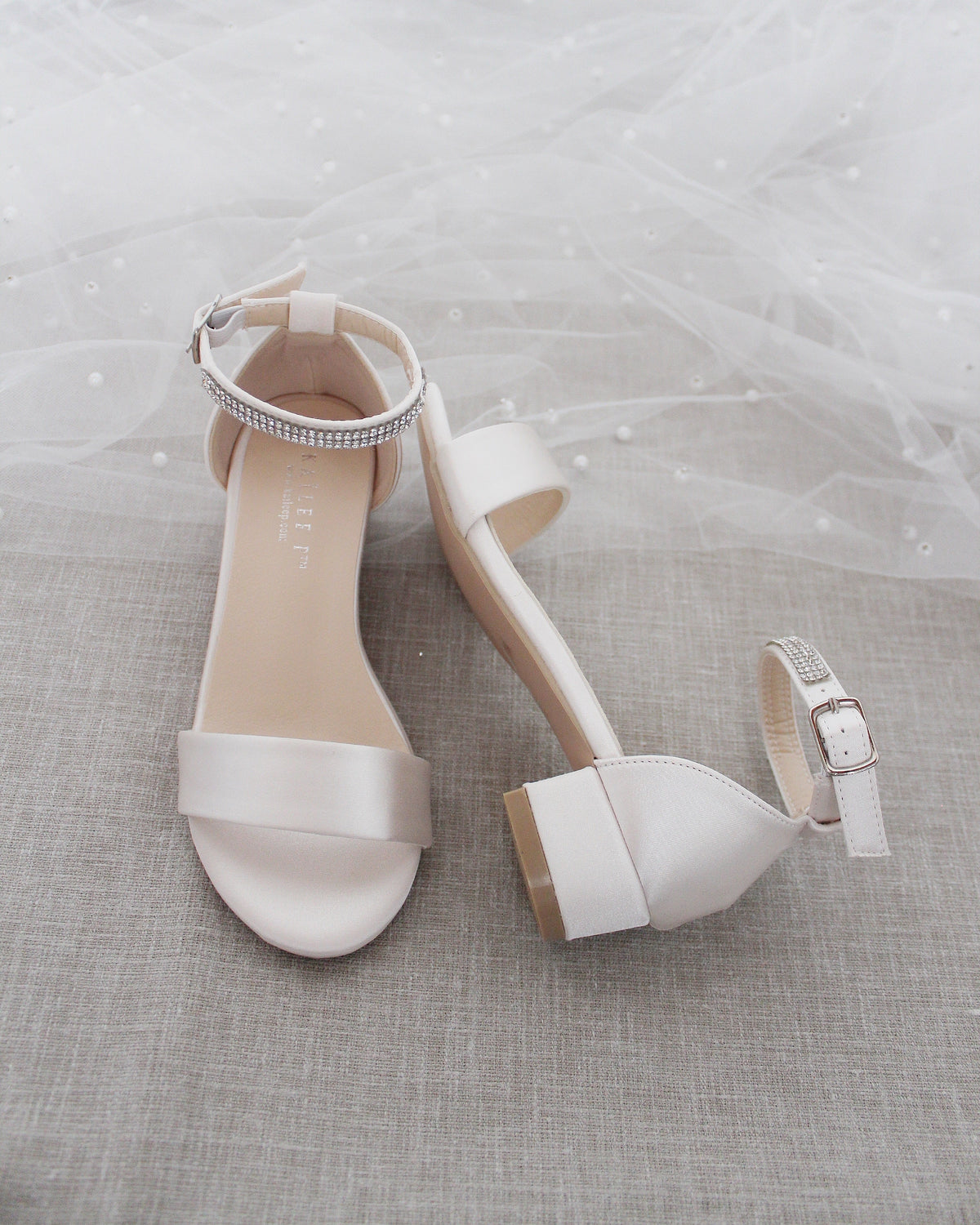 Satin Girls Block Heel Sandals With Mini Rhinestones Embellished Ankle Strap