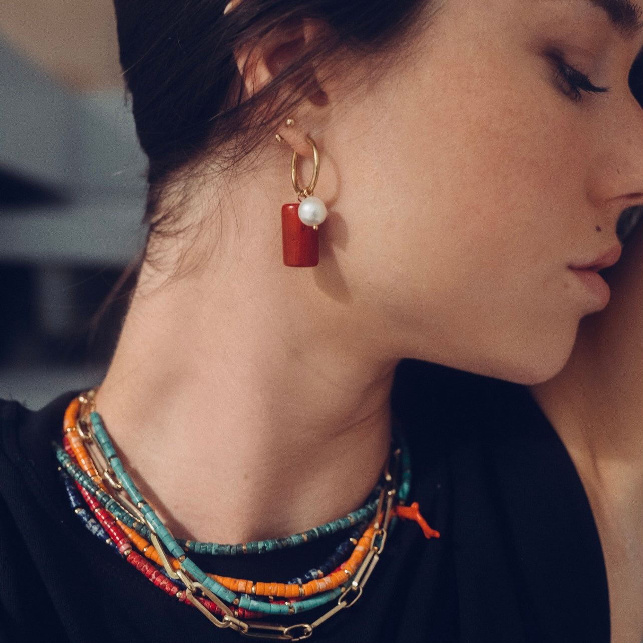 Mixed Gem & Pearl Hoop Earrings