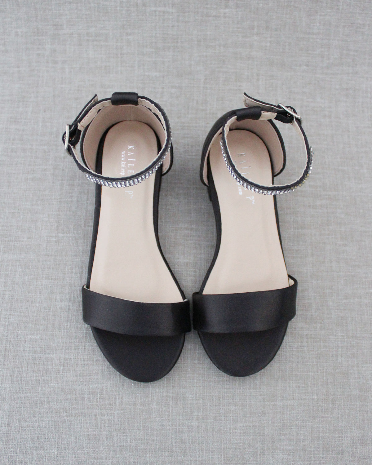Satin Girls Block Heel Sandals With Mini Rhinestones Embellished Ankle Strap