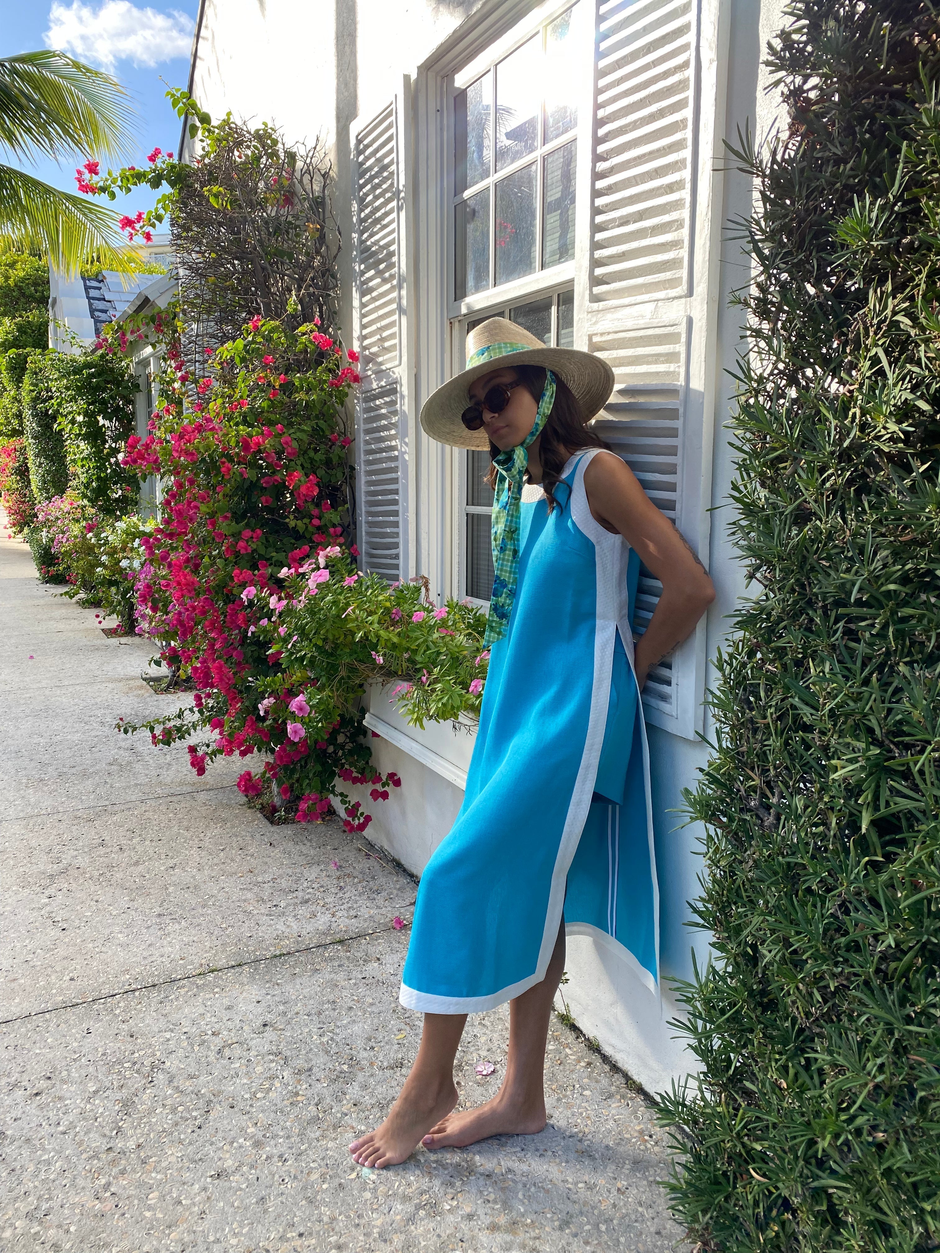 Hollyhock Sun Hat - Long & Thin Blue Gingham Ribbon With Wood Nautical Toggle