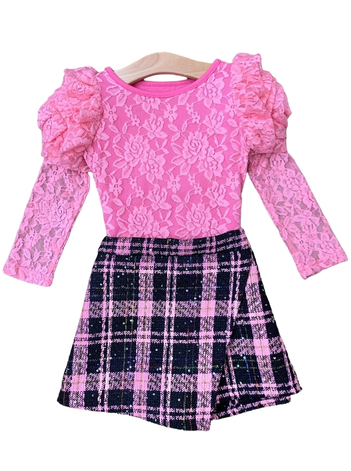 Rosy Daydream Pink Rosette Sleeve Lace Top And Skort Set