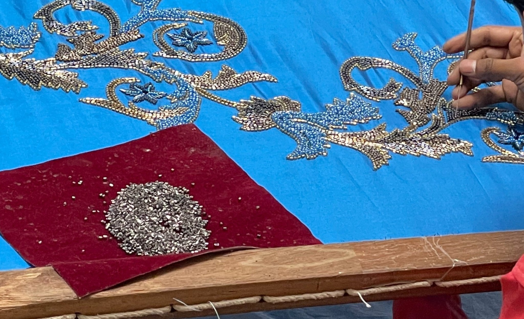 Hand Beaded Imperial Blue Silk Christmas Tree Skirt Blue 60" / 72"