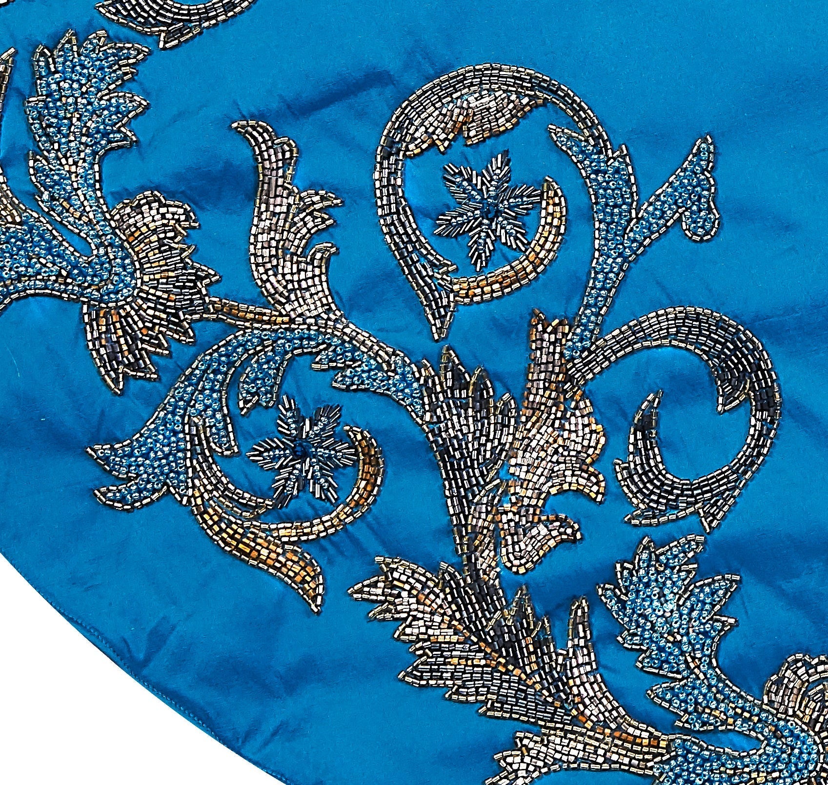 Hand Beaded Imperial Blue Silk Christmas Tree Skirt Blue 60" / 72"