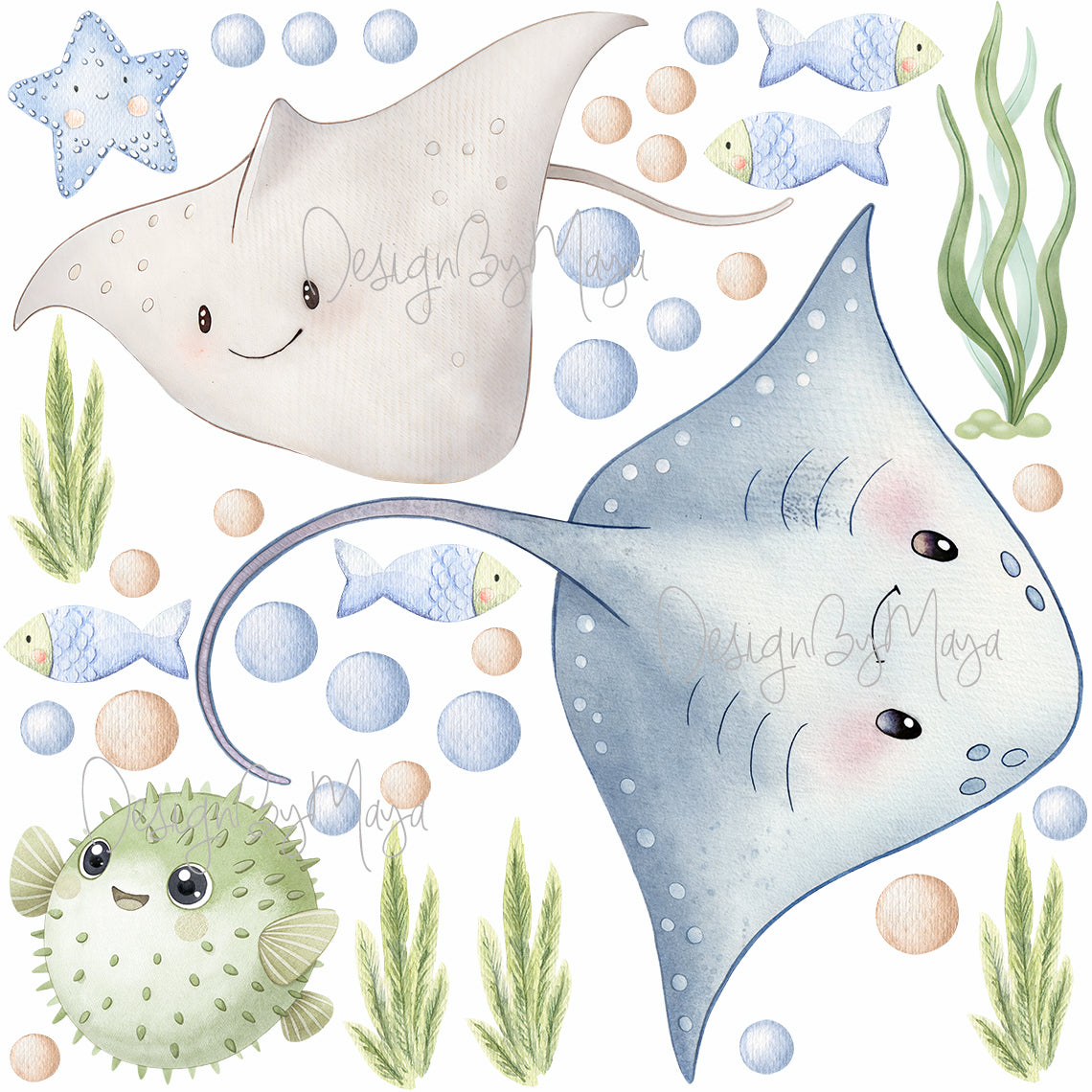 Little Mermaids And Ocean Creatures Decals - Fabric Nursery Wall Art Decals