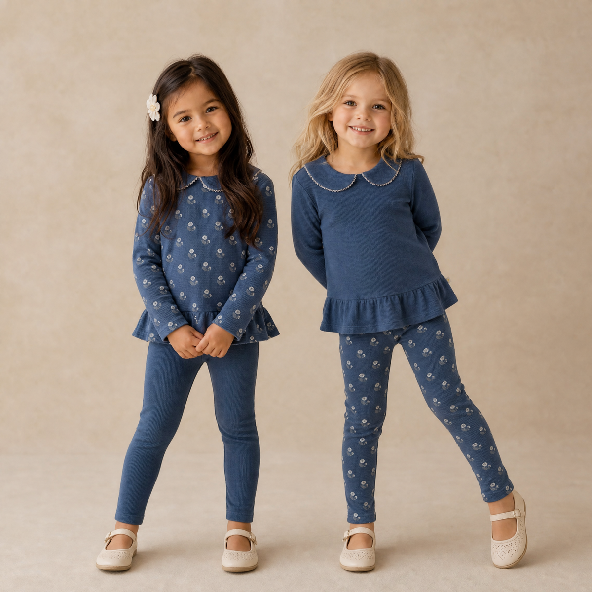 Organic Collar Peplum Top Set Of 2 - Indigo Blossom + Navy