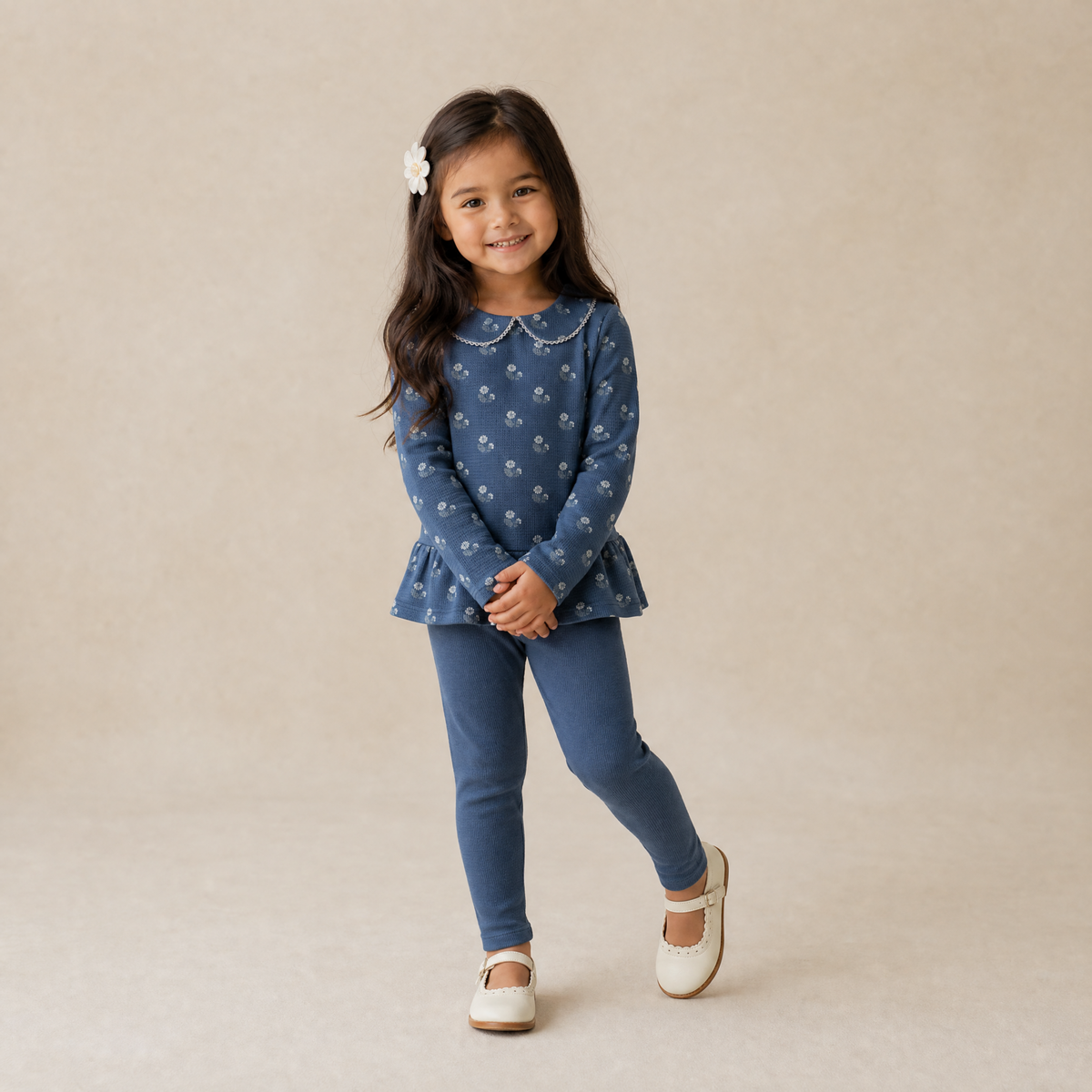 Organic Collar Peplum Top Set Of 2 - Indigo Blossom + Navy