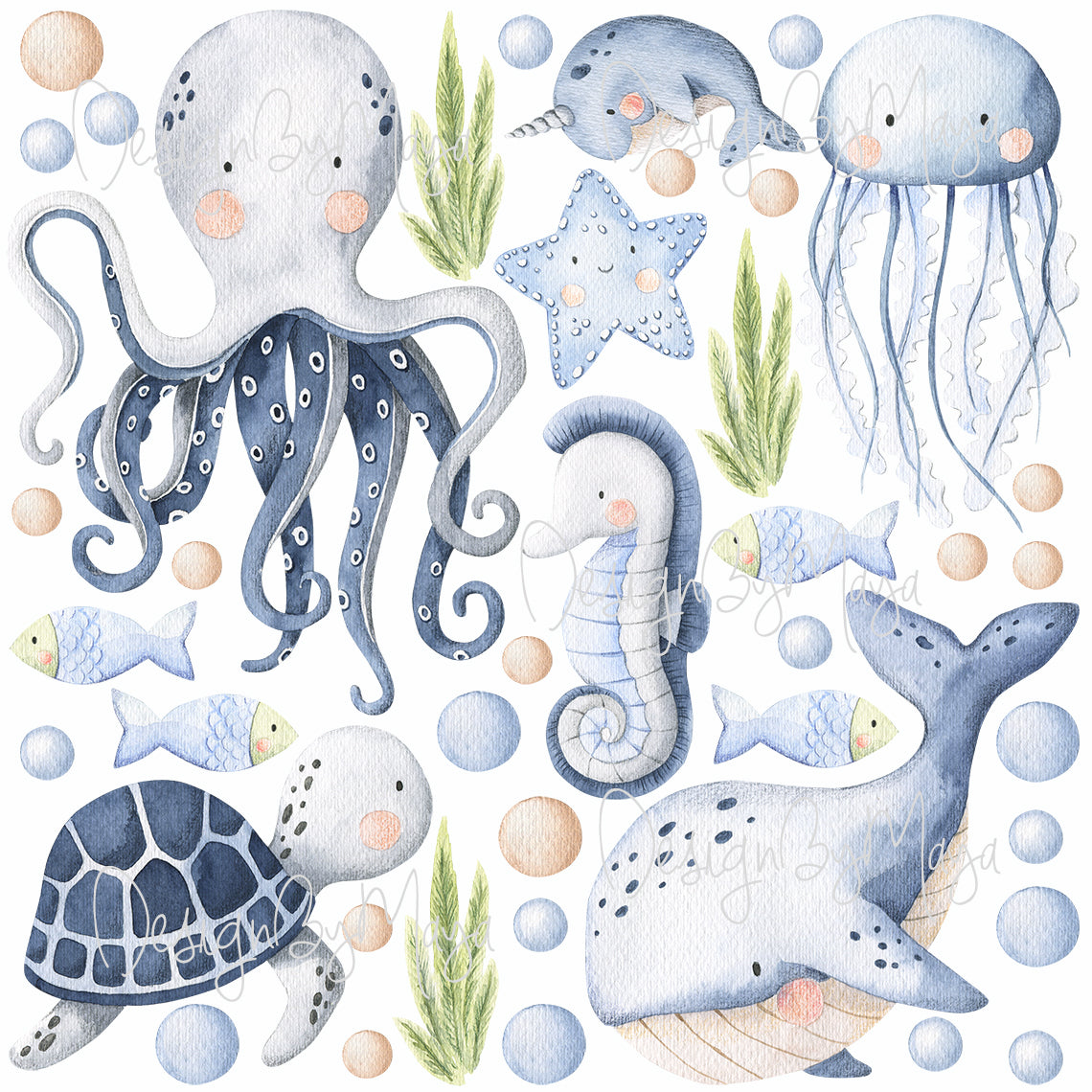 Baby Mermaids And Sealife Decals - Fabric Nursery Wall Art Decals