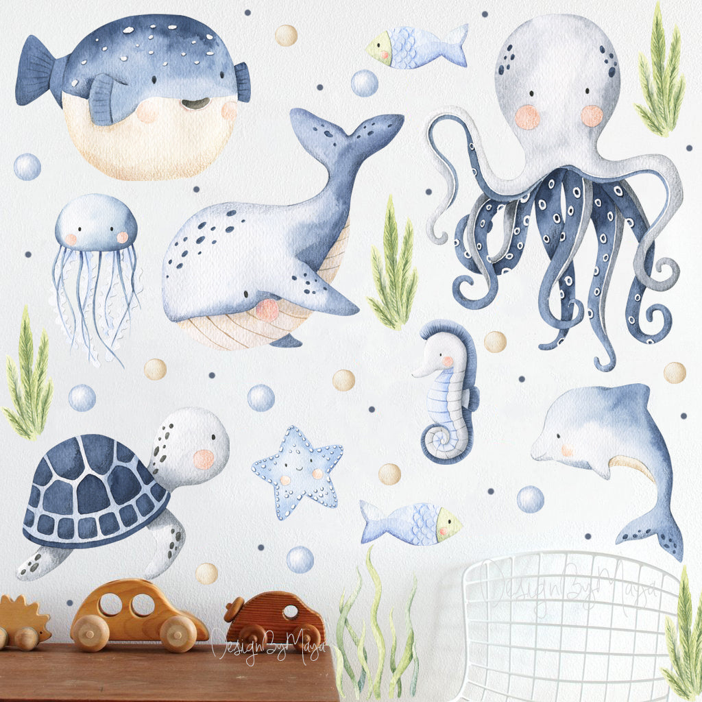 Baby Mermaids And Sealife Decals - Fabric Nursery Wall Art Decals