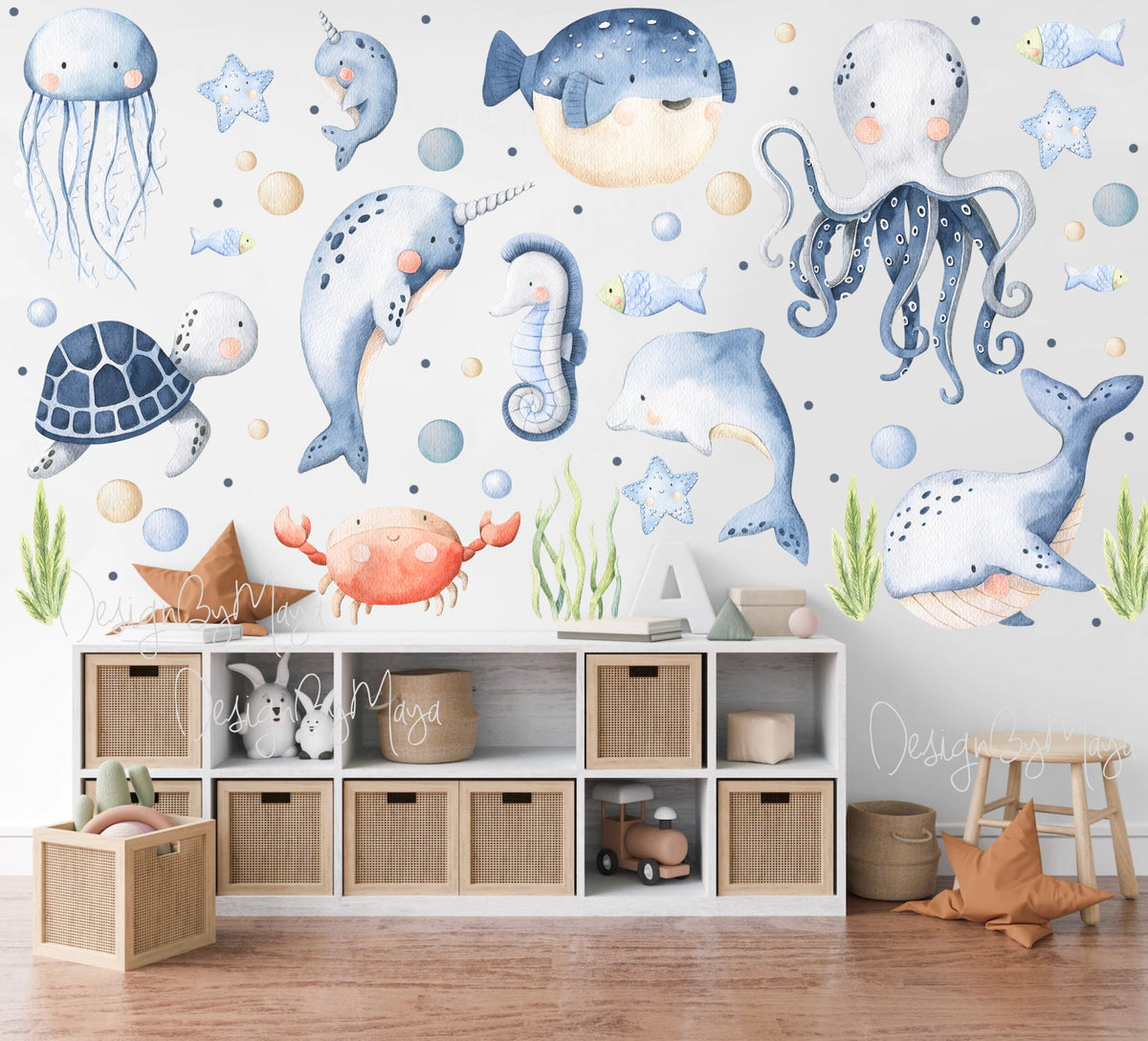 Little Mermaids And Ocean Creatures Decals - Fabric Nursery Wall Art Decals