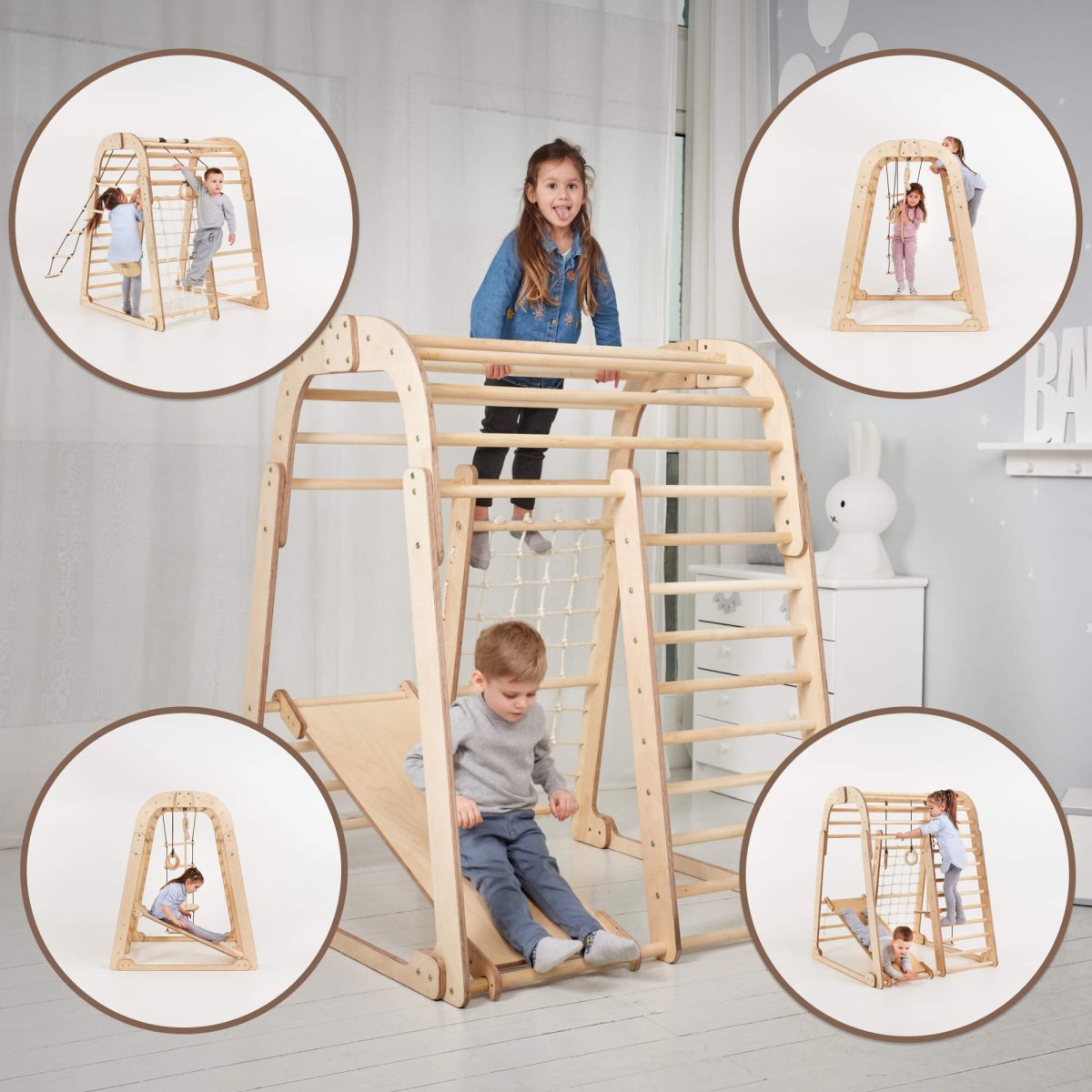 Indoor Wooden Playground For Children - 6in1 Playground + Swings Set + Slide Board