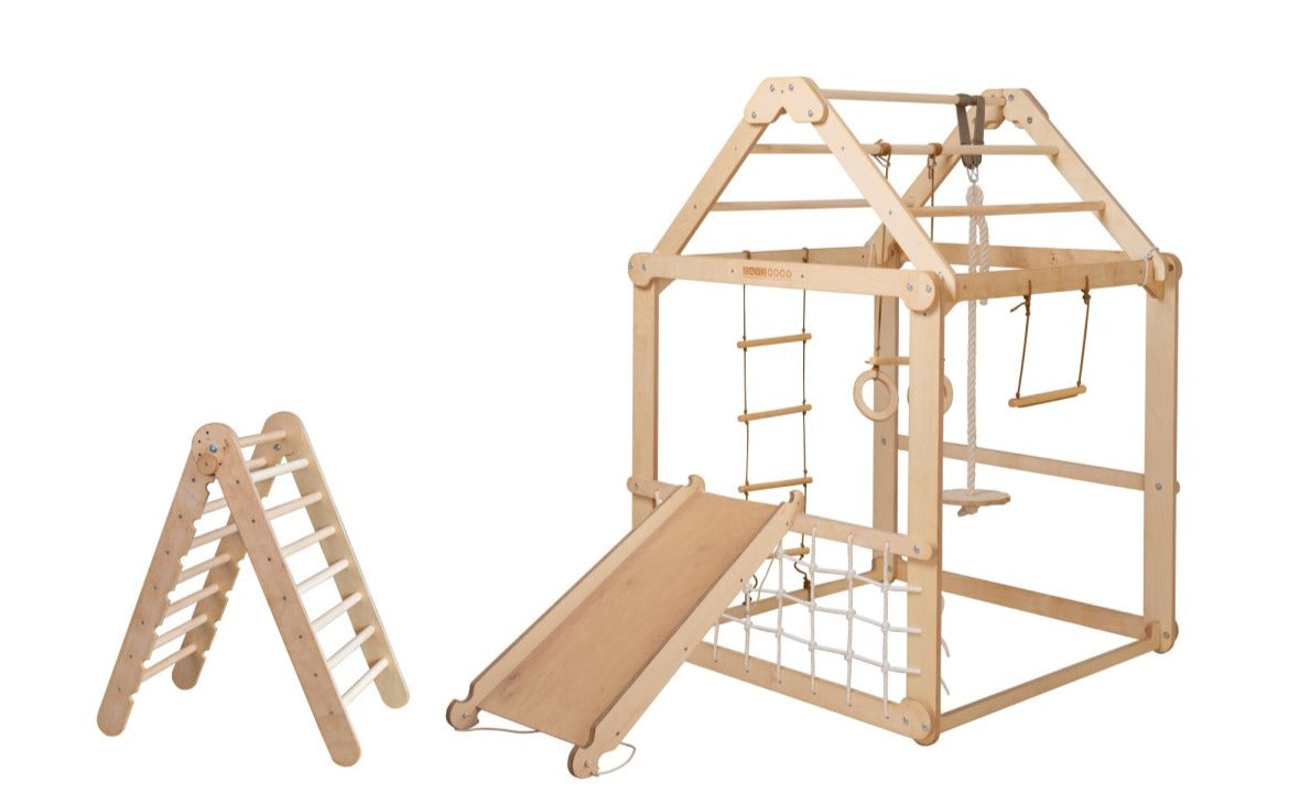 Indoor Wooden Playhouse With Triangle Ladder, Slide Board And Swings