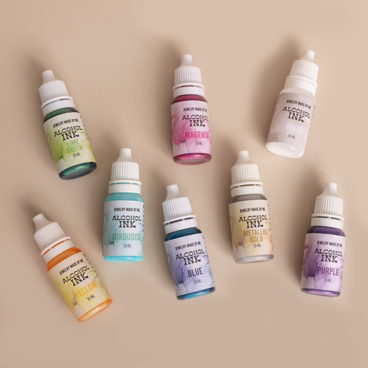 Alcohol Inks Set Of 8 Bright Colors - Pink, Blue, Yellow, Turquoise, Lime Green, Gold, And White