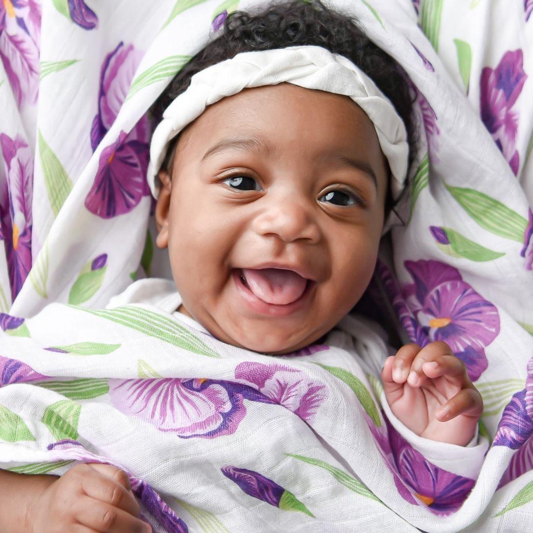 Gift Set: Irises Baby Muslin Swaddle Blanket And Burp Cloth/bib Combo