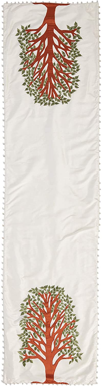 Handmade Ivory Silk Table Runner Tree Of Life Embroidery And Hand Beading - 18x72"