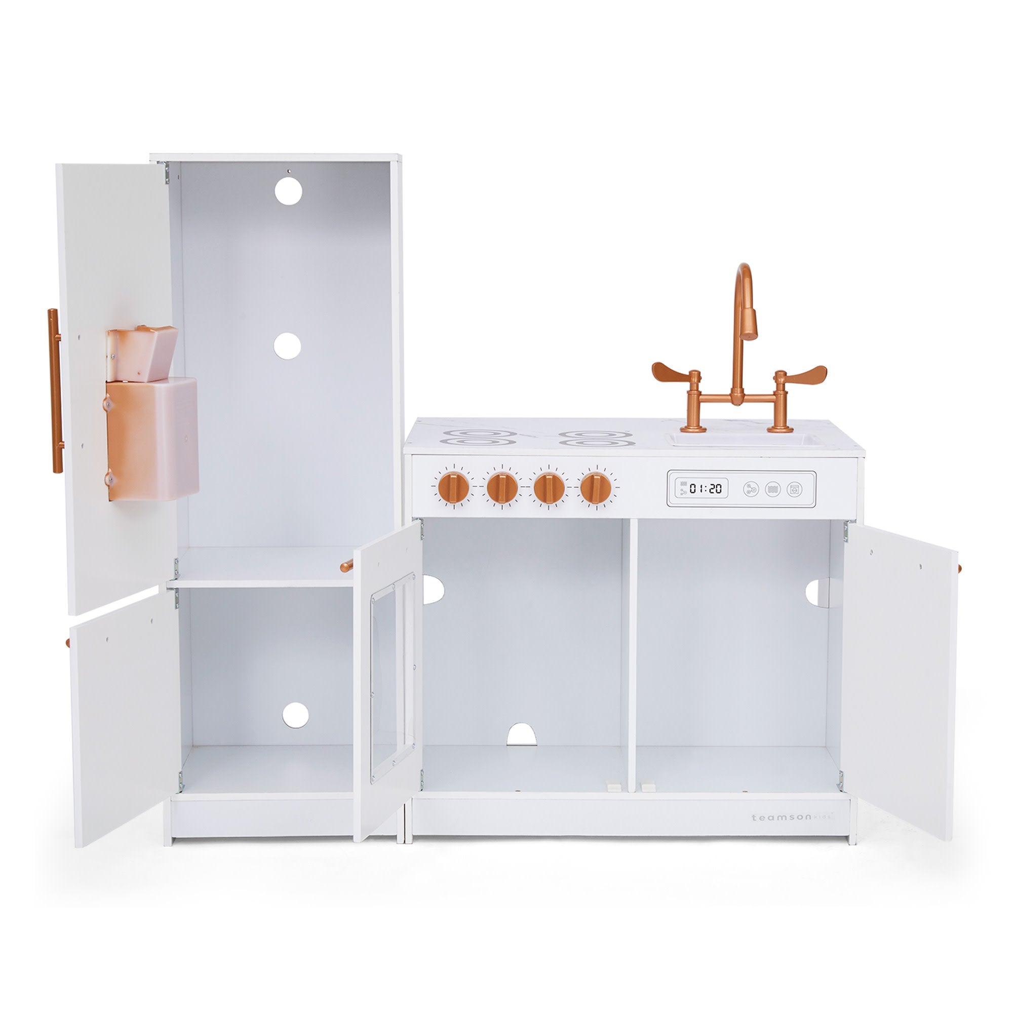 Little Chef Milano Two-piece Modular Modern Delight Play Kitchen With Cooking Accessories, Faux Marble Countertop, & Rose Gold Hardware, White