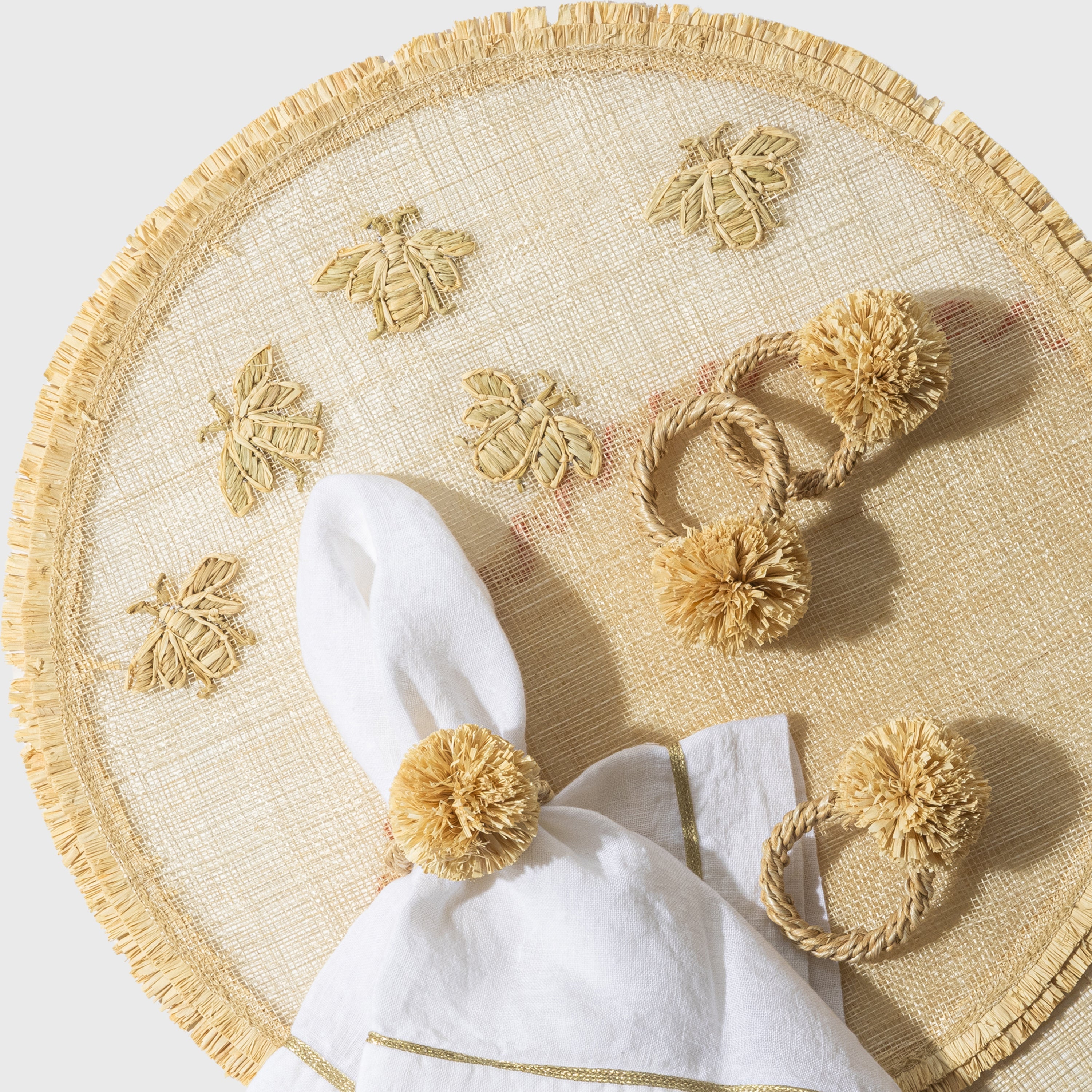 Straw Pompom Napkin Rings, Natural, Set Of Four