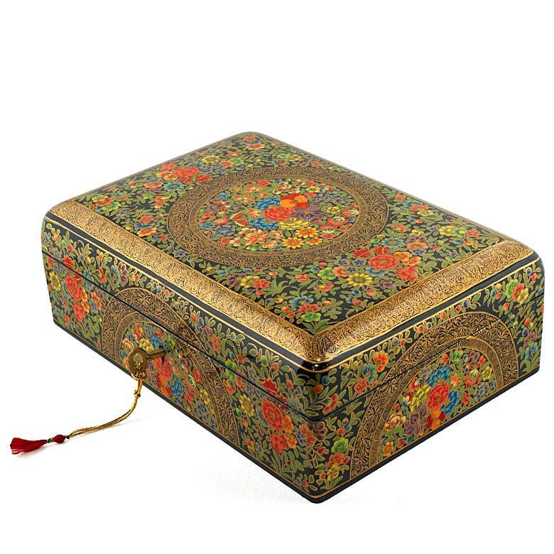 Asian Mountain Flowers Oriental Wooden Jewelry Box 10 Inches X 7 Inches