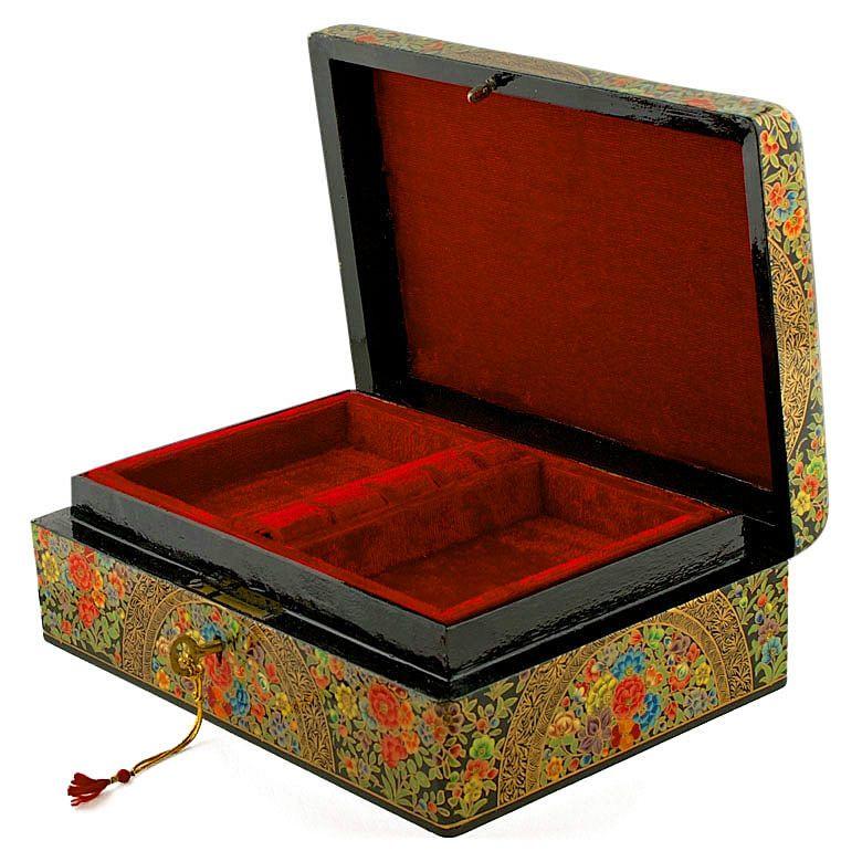 Asian Mountain Flowers Oriental Wooden Jewelry Box 10 Inches X 7 Inches