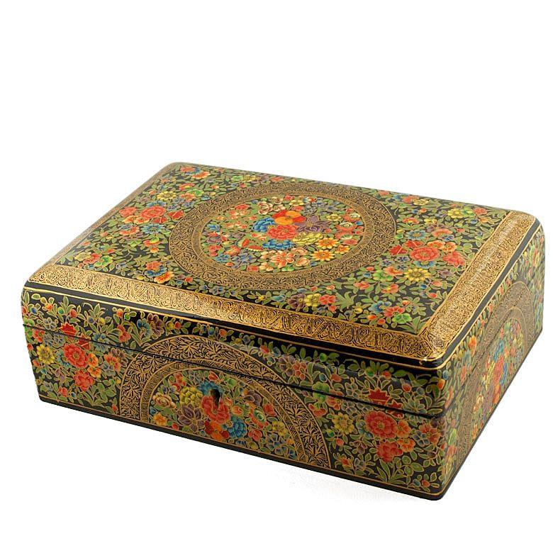 Asian Mountain Flowers Oriental Wooden Jewelry Box 10 Inches X 7 Inches