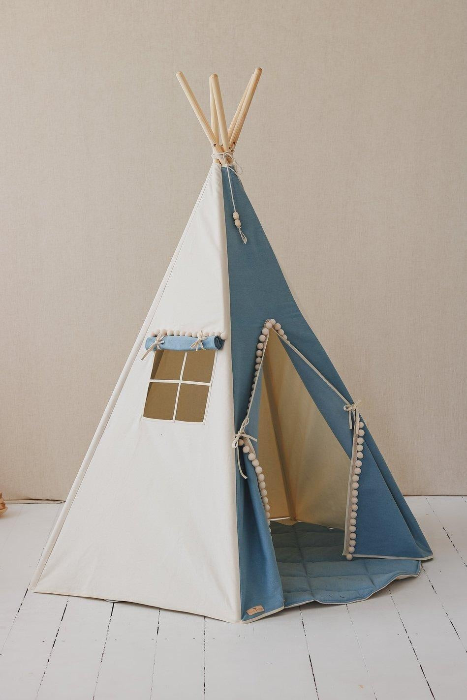 Jeans Teepee With Pompoms And Round Mat Set