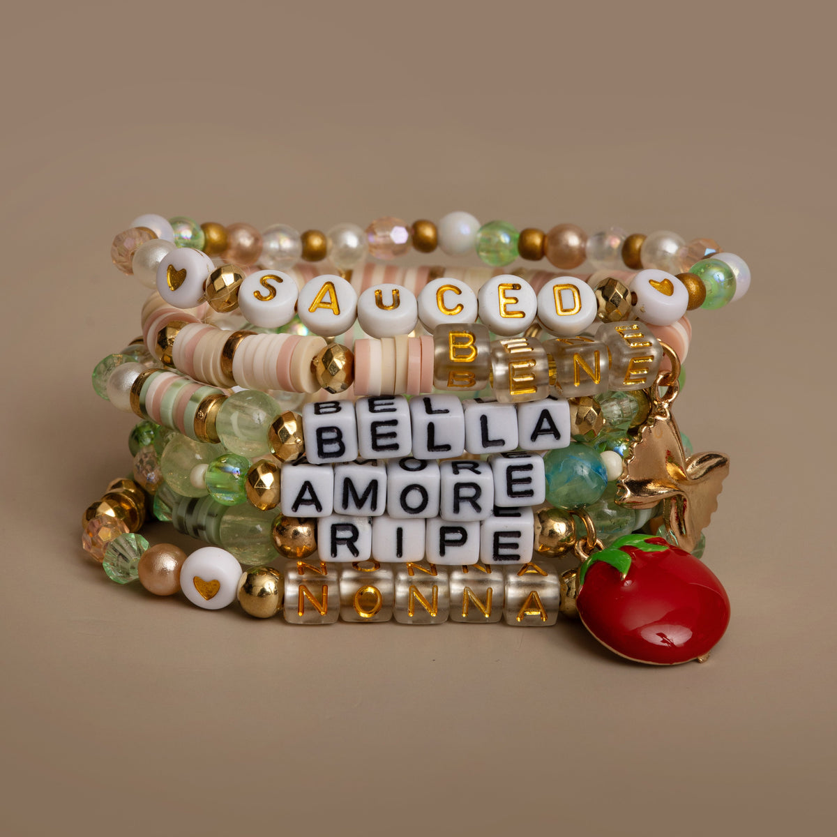 Bene Gold Bowtie Pasta Charm With Blush Heishi Beads Diy Jar