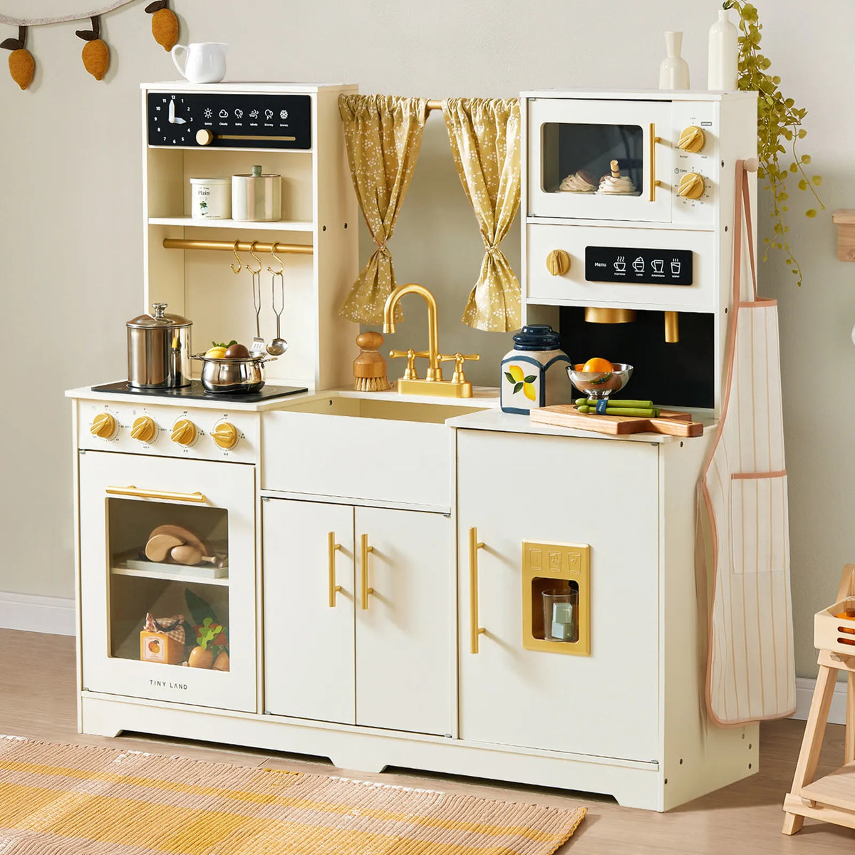Tiny Land® Iconic Wooden Play Kitchen – Cream Pretend Cooking Set For Kids