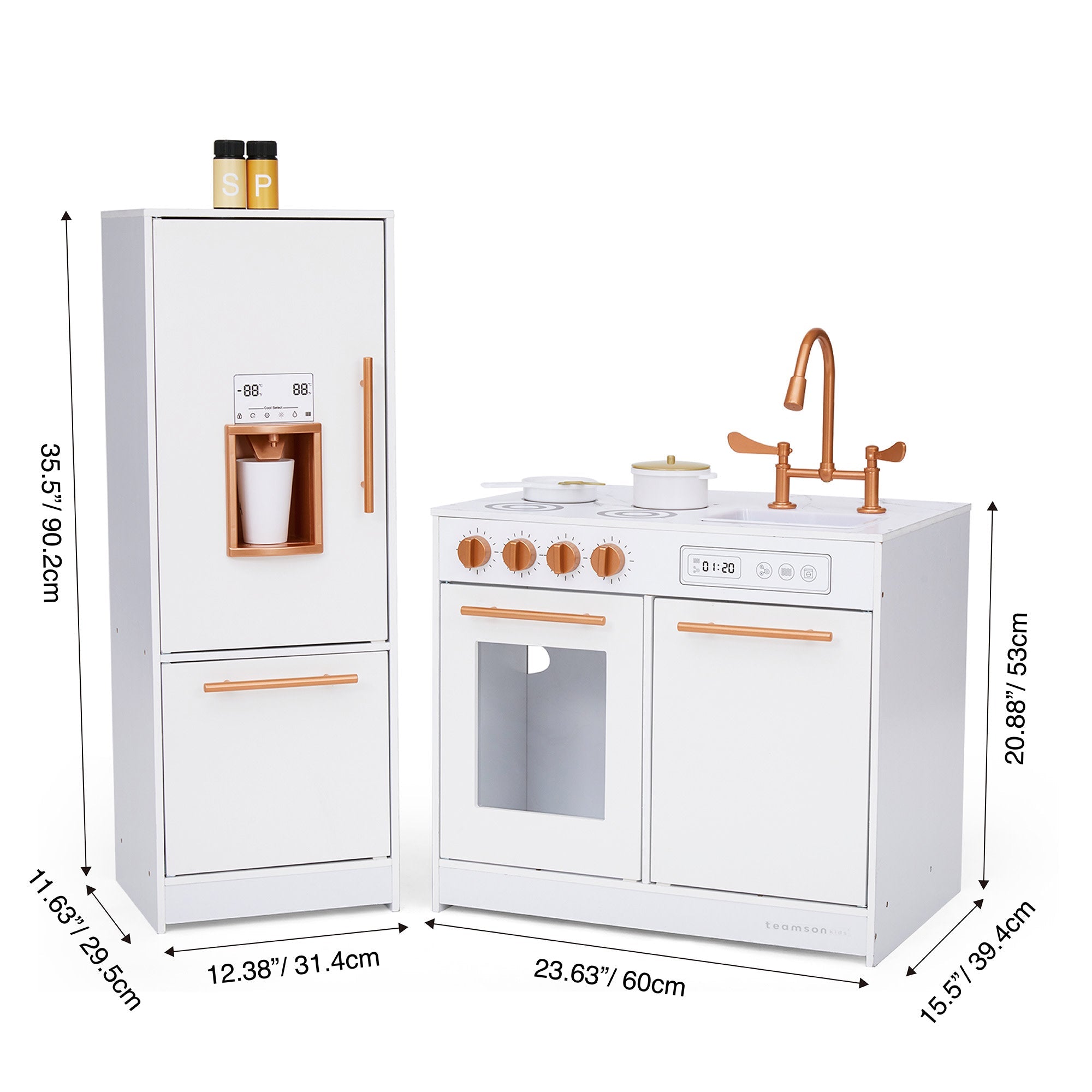 Little Chef Milano Two-piece Modular Modern Delight Play Kitchen With Cooking Accessories, Faux Marble Countertop, & Rose Gold Hardware, White