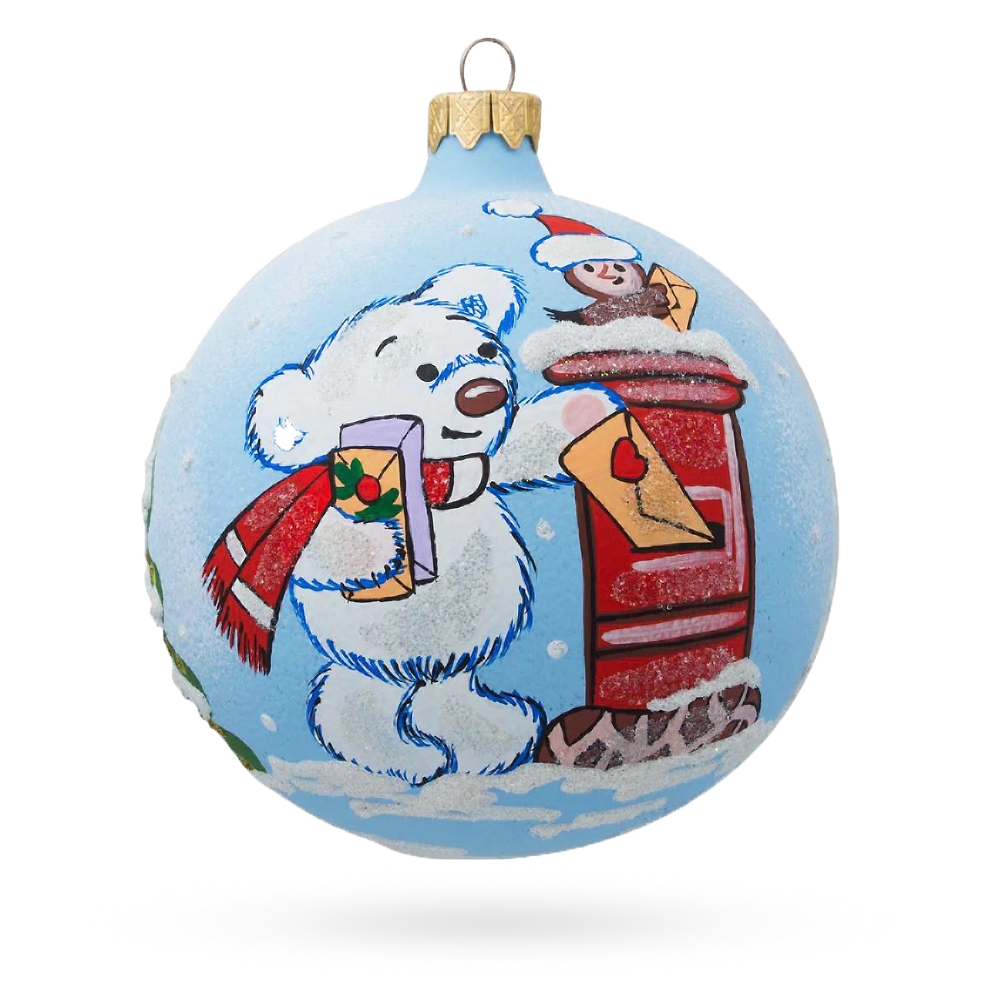 Whimsical Holiday: Bear Mailing Christmas Wish List - Blown Glass Ball Christmas Ornament  3.25 Inches