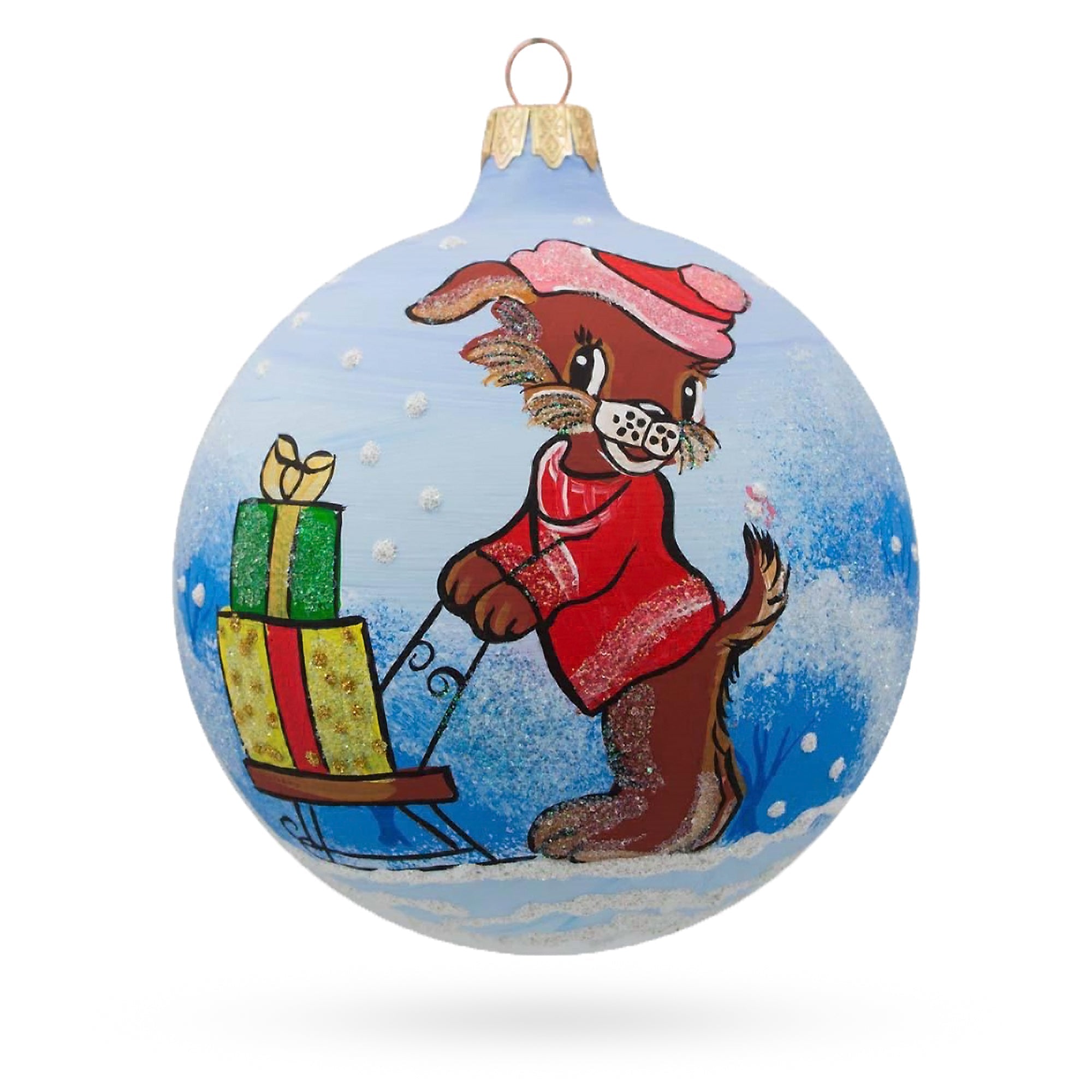 Festive Paws: Dog Delivering Christmas Gifts On Sleigh - Blown Glass Ball Christmas Ornament 3.25 Inches