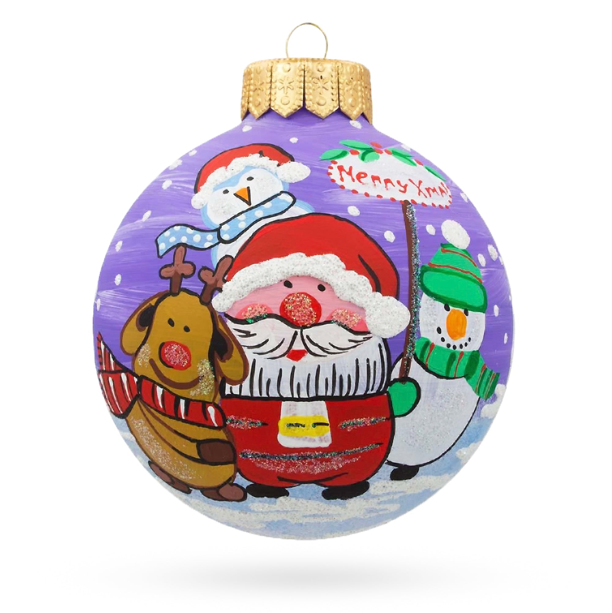 Jolly Trio: Santa, Reindeer, And Snowman Friends - Blown Glass Ball Christmas Ornament 3.25 Inches