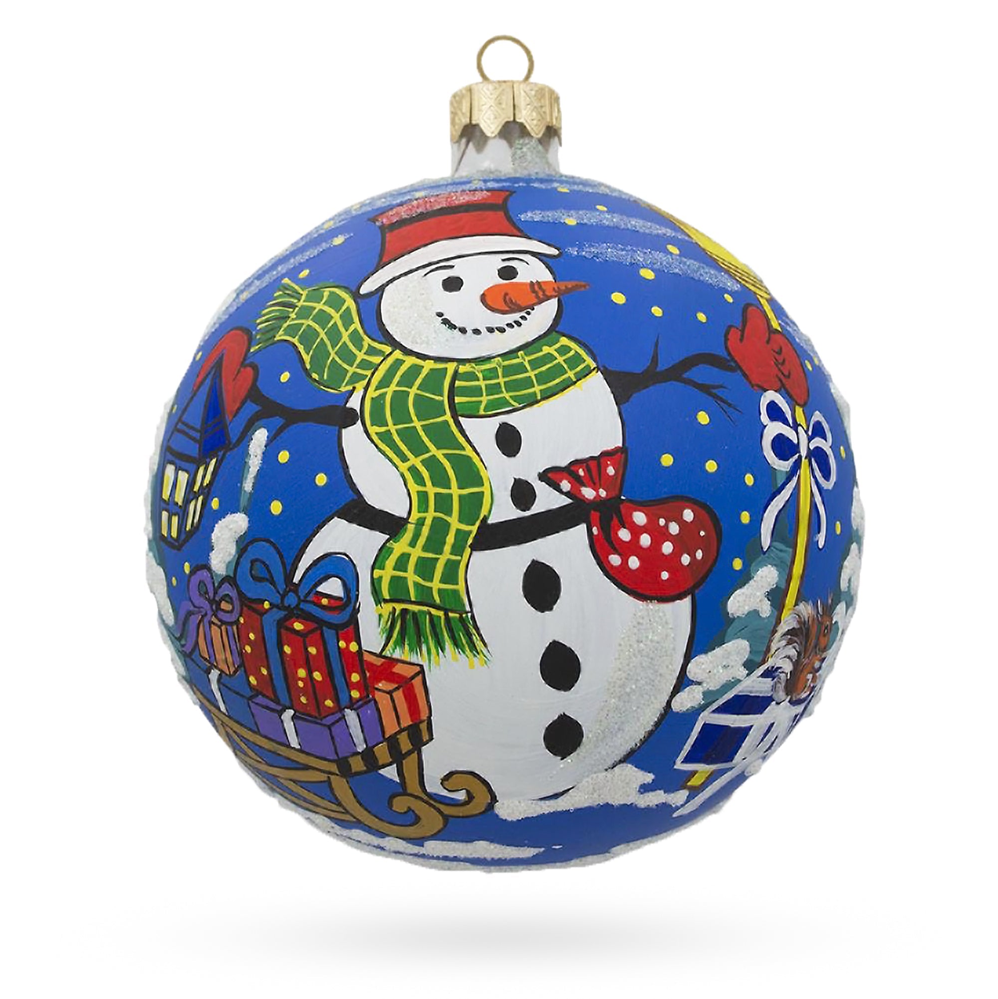 Festive Snowman With Gifts - Blown Glass Ball Christmas Ornament 4 Inches