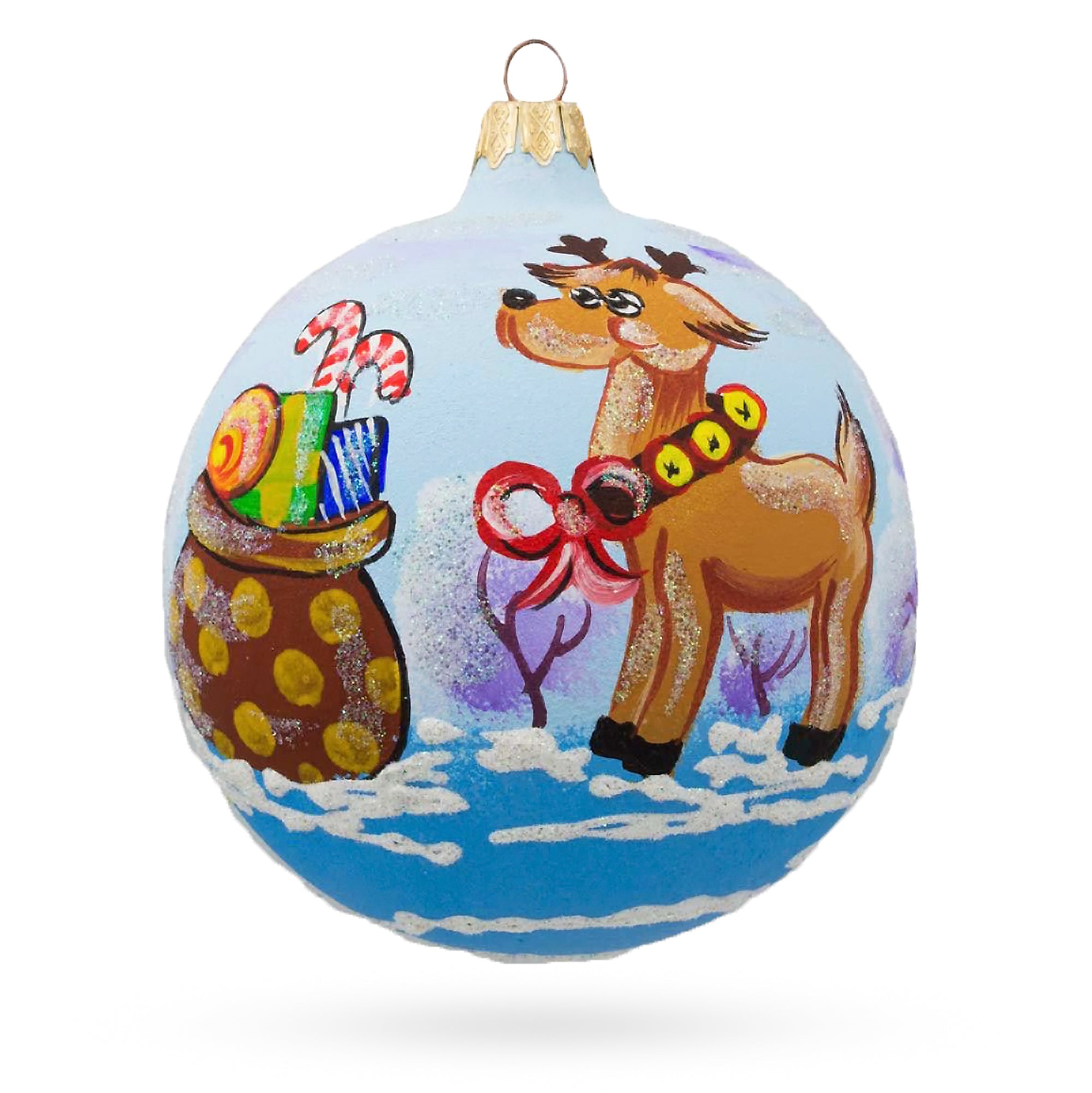 Festive Reindeer Carrying Bag Of Gifts Blown Glass Ball Christmas Ornament 4 Inches