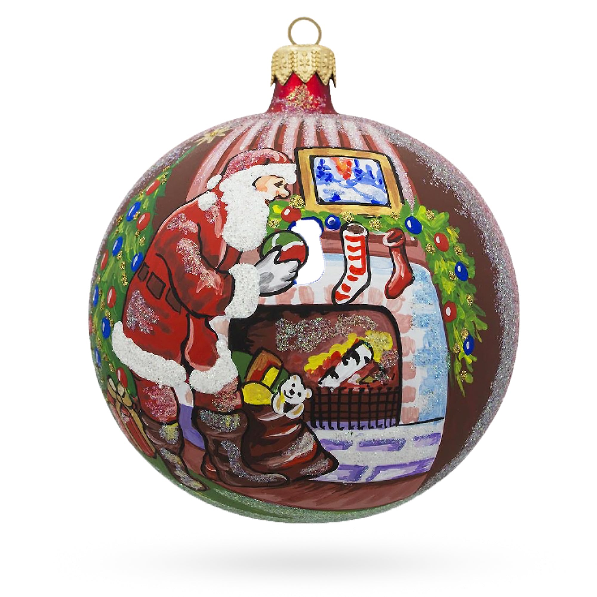 Santa Filling Stockings By A Cozy Fireplace Blown Glass Ball Christmas Ornament 4 Inches