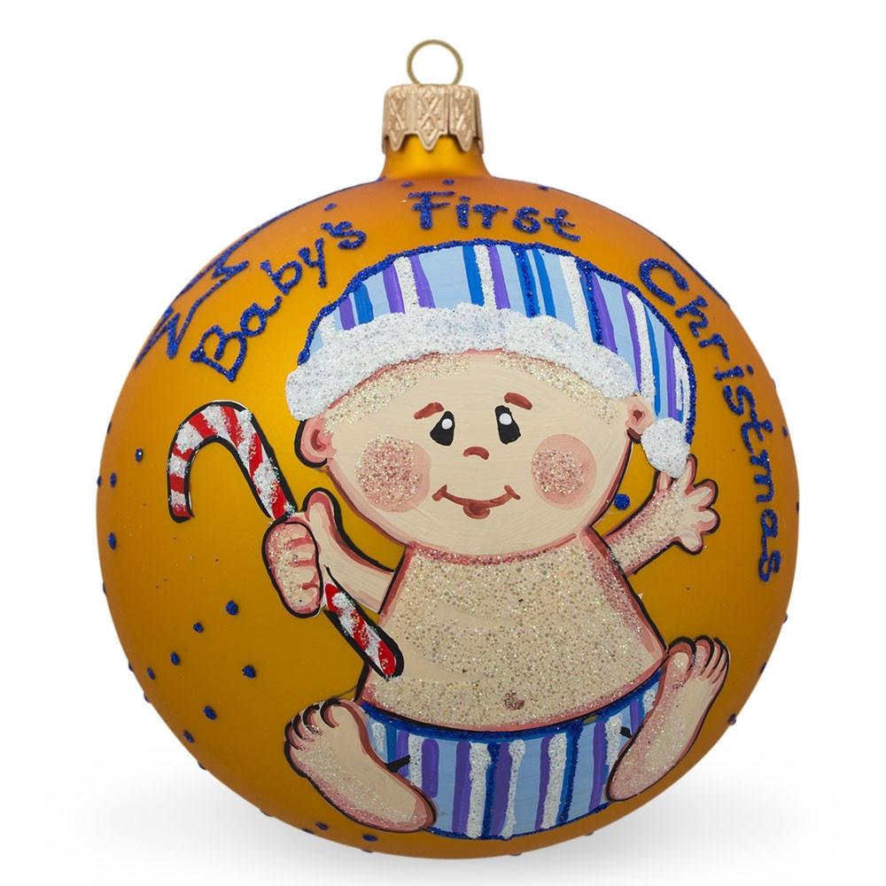 Boy With Candy Cane Blown Glass Ball Baby's First Christmas Ornament 4 Inches