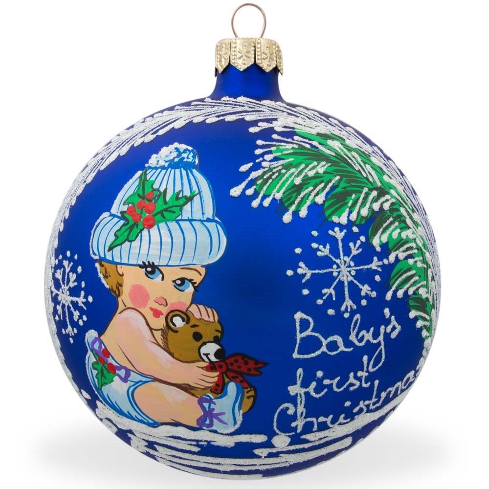 Adorable Girl Hugging Teddy Bear Blown Glass Ball Baby's First Christmas Ornament 4 Inches