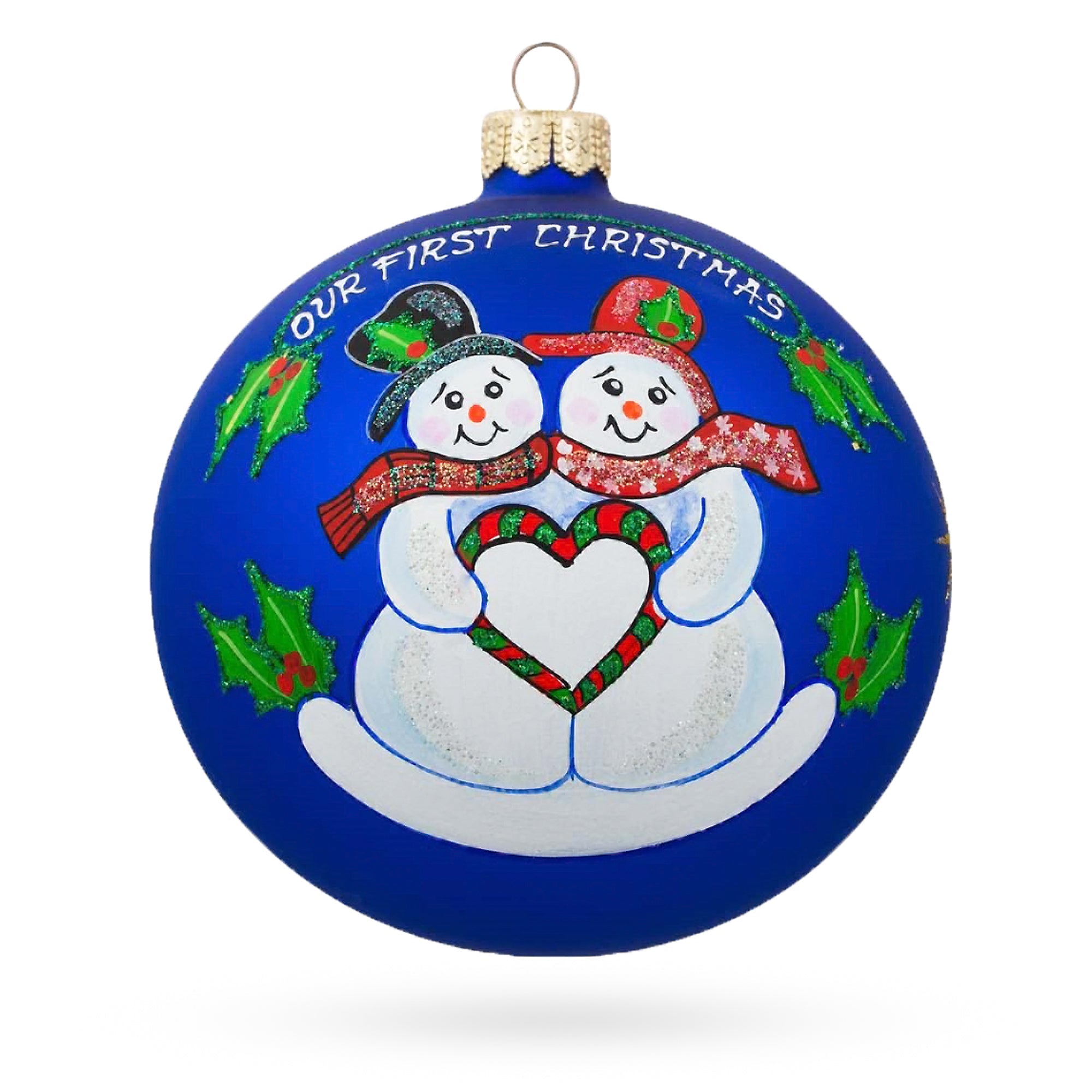 Snowman Sweethearts With Engraved Heart Blown Glass Ball 'our First Christmas' Ornament 4 Inches