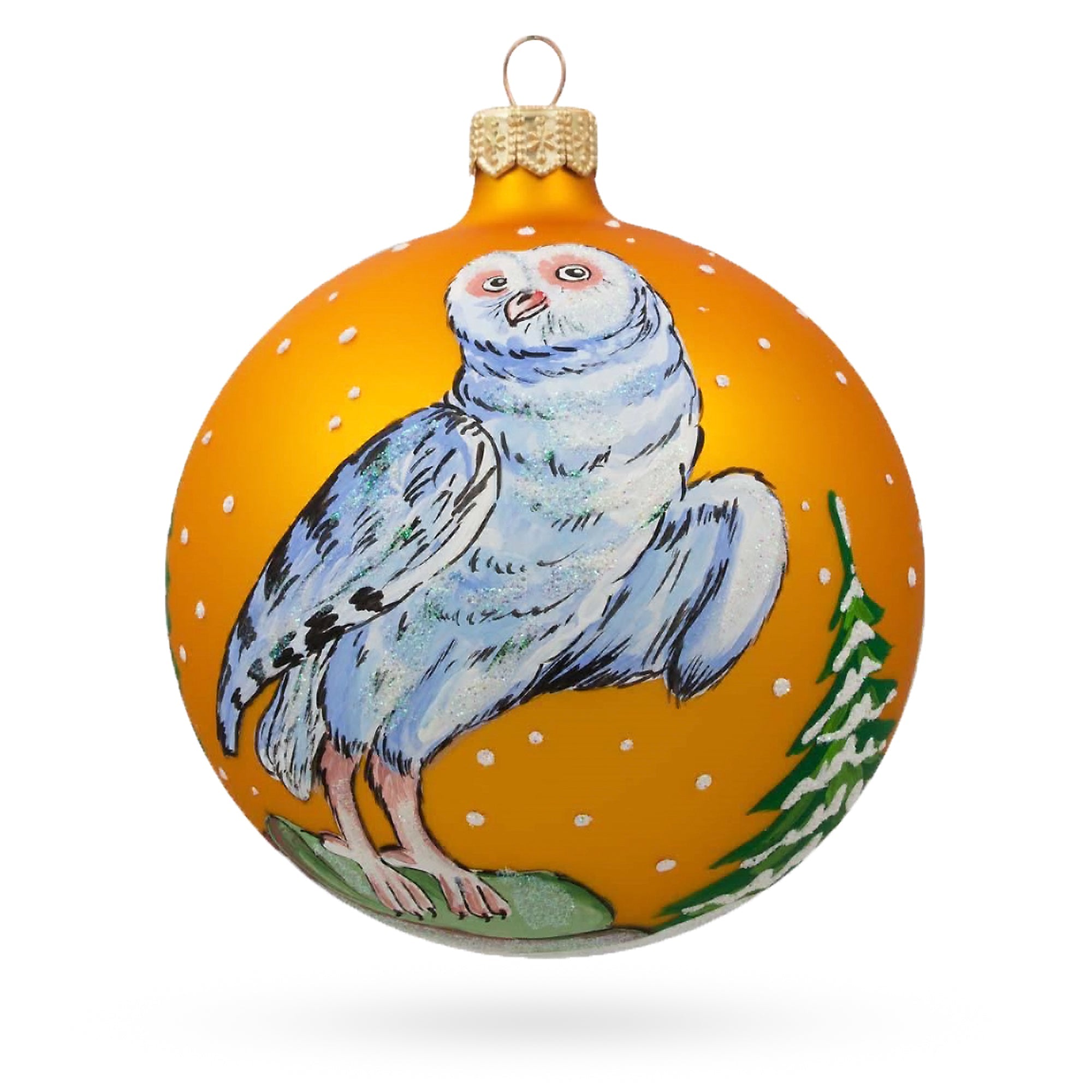 Majestic White Owl Perched By Winter Tree Blown Glass Ball Christmas Ornament 4 Inches