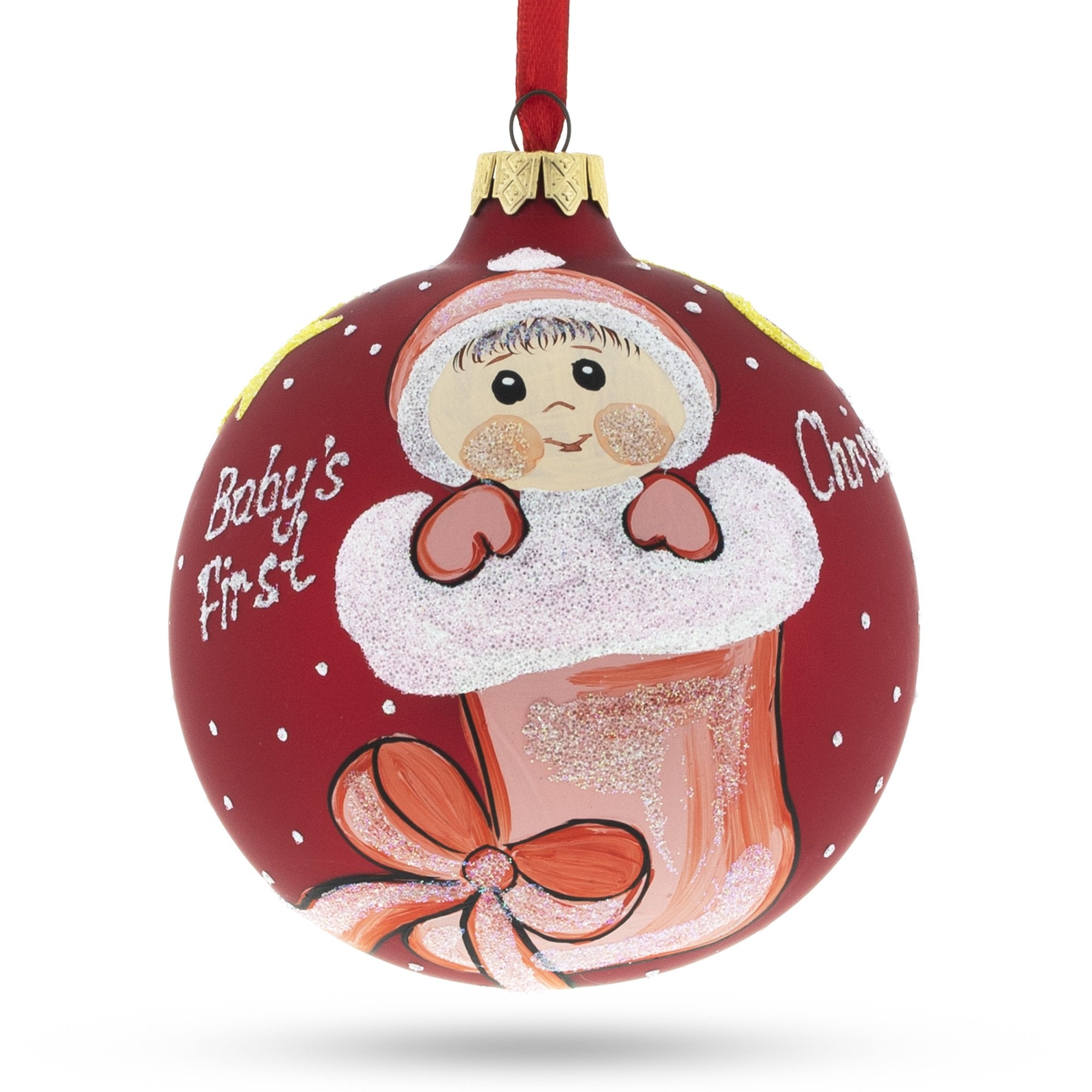 Charming Girl In Festive Christmas Stocking Blown Glass Ball Baby's First Christmas Ornament 4 Inches