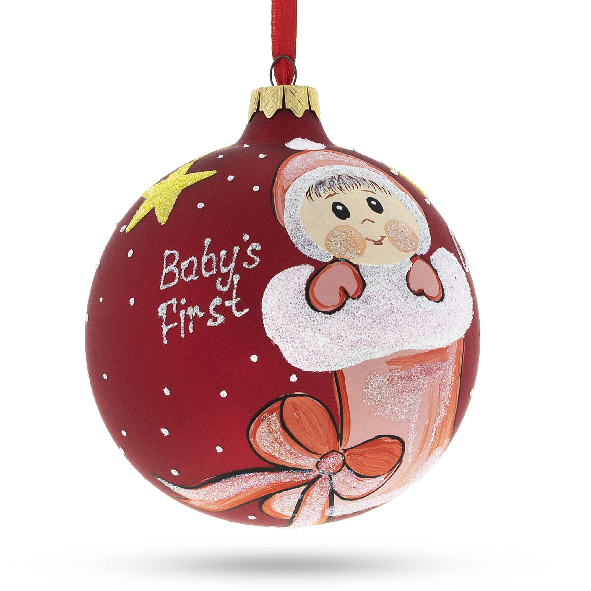Charming Girl In Festive Christmas Stocking Blown Glass Ball Baby's First Christmas Ornament 4 Inches