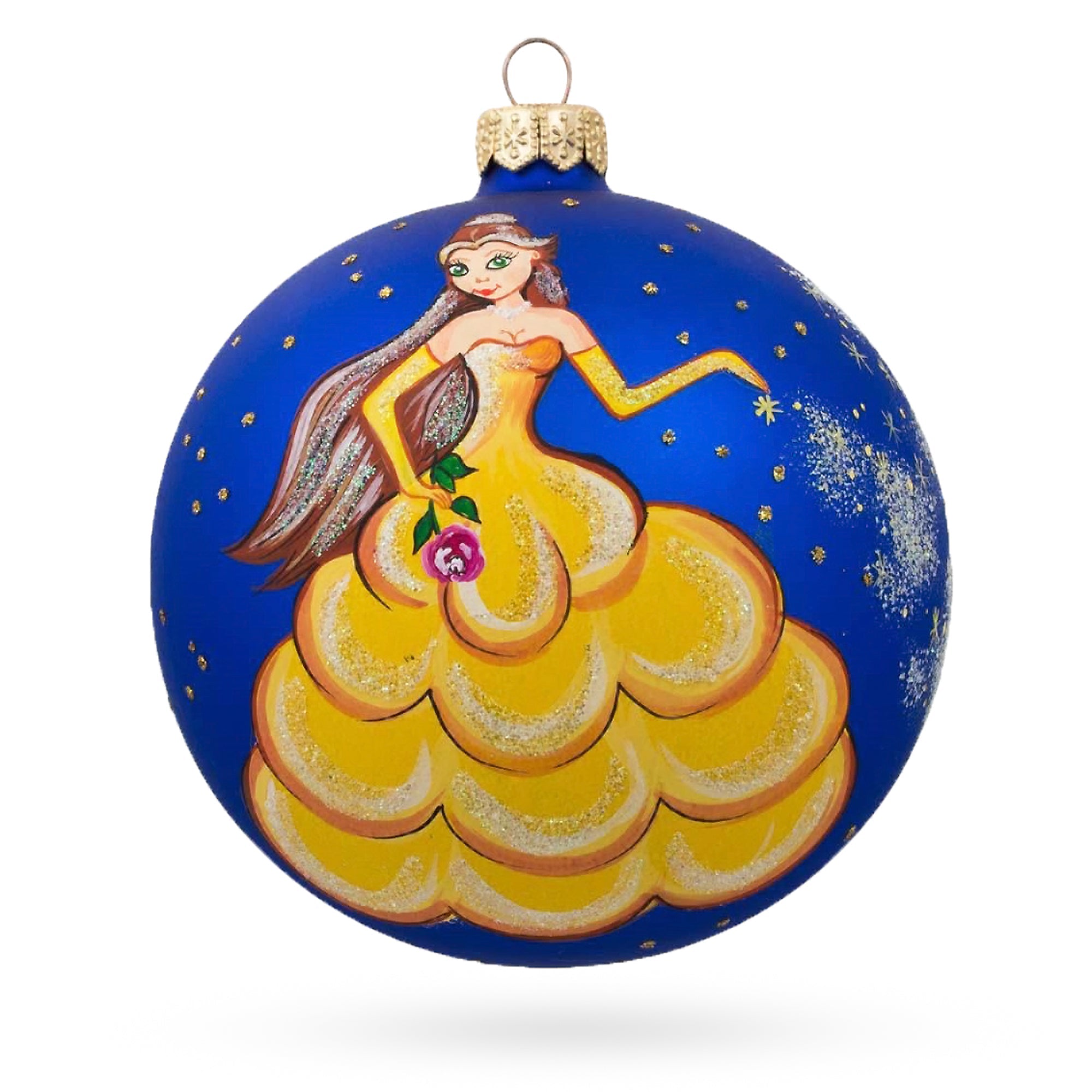 Enchanting Blooms: Princess Adorned With A Floral Crown On Luxurious Blown Glass Ball Christmas Ornament 4 Inches