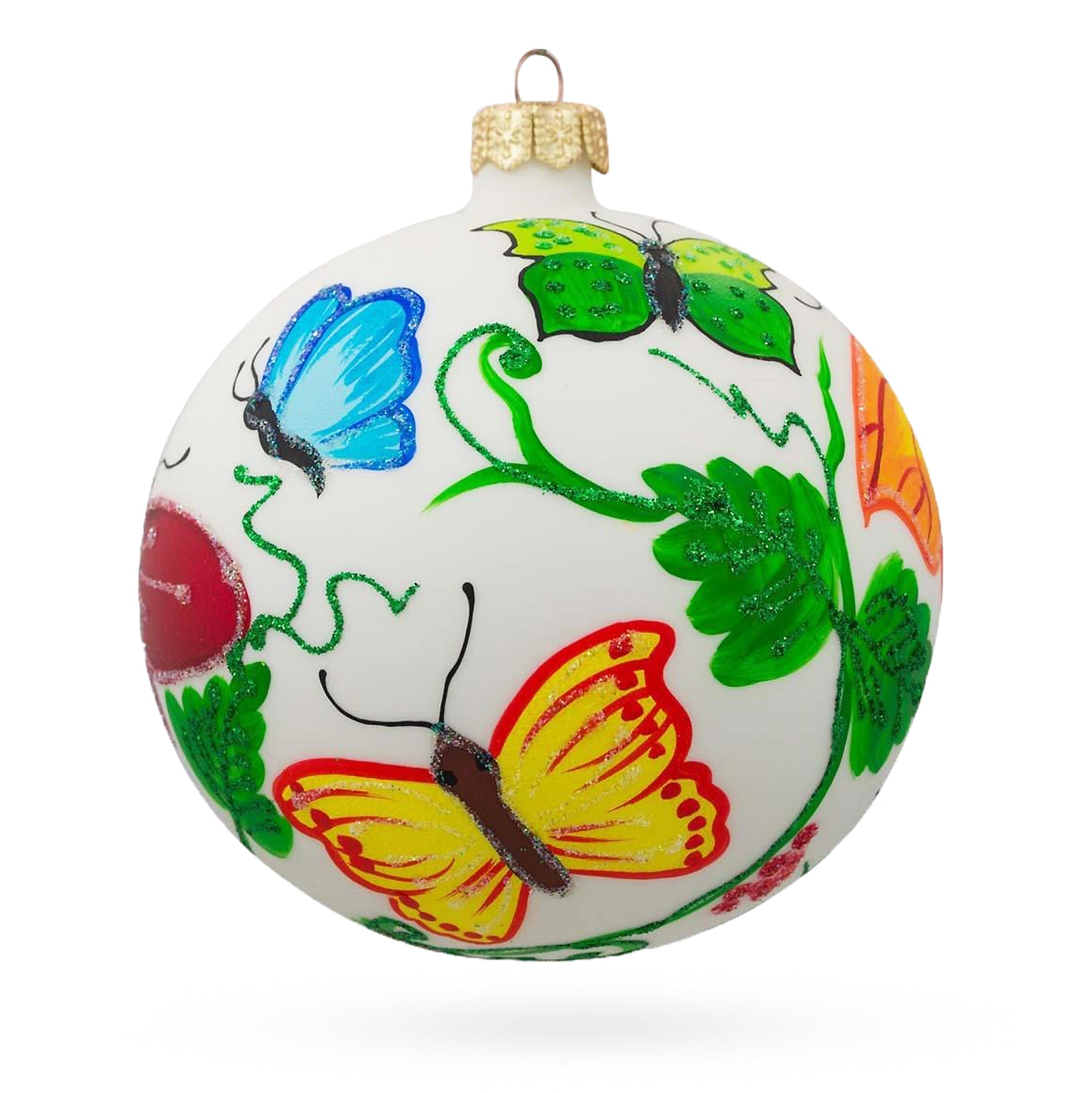 Enchanted Garden: Delicate Butterflies On Blown Glass Ball Christmas Ornament 4 Inches